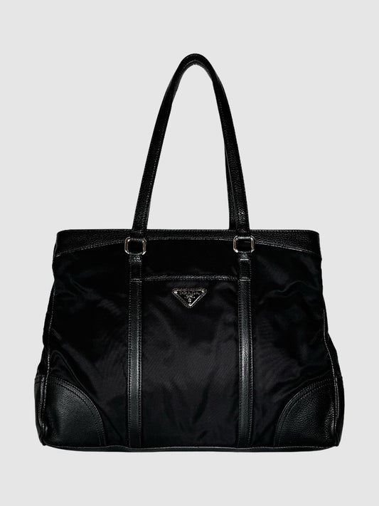 Prada Nylon Leather Trim Tote Bag in Black Consignment Secondhand Designer Luxury Resale Toronto Trendy