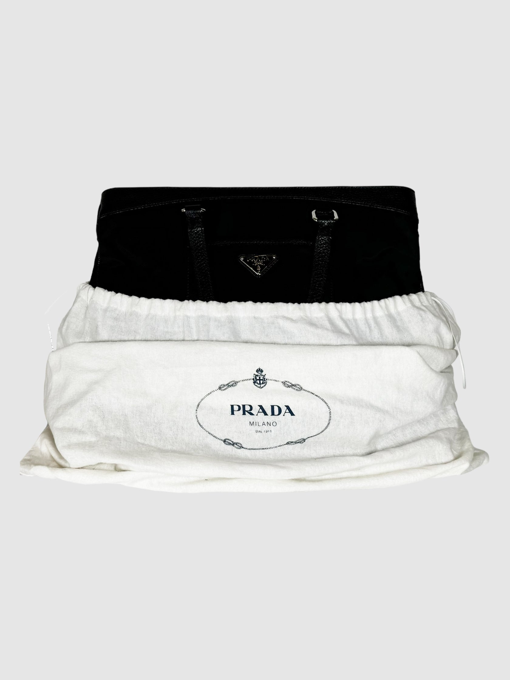 Prada Nylon Leather Trim Tote Bag in Black Consignment Secondhand Designer Luxury Resale Toronto Trendy