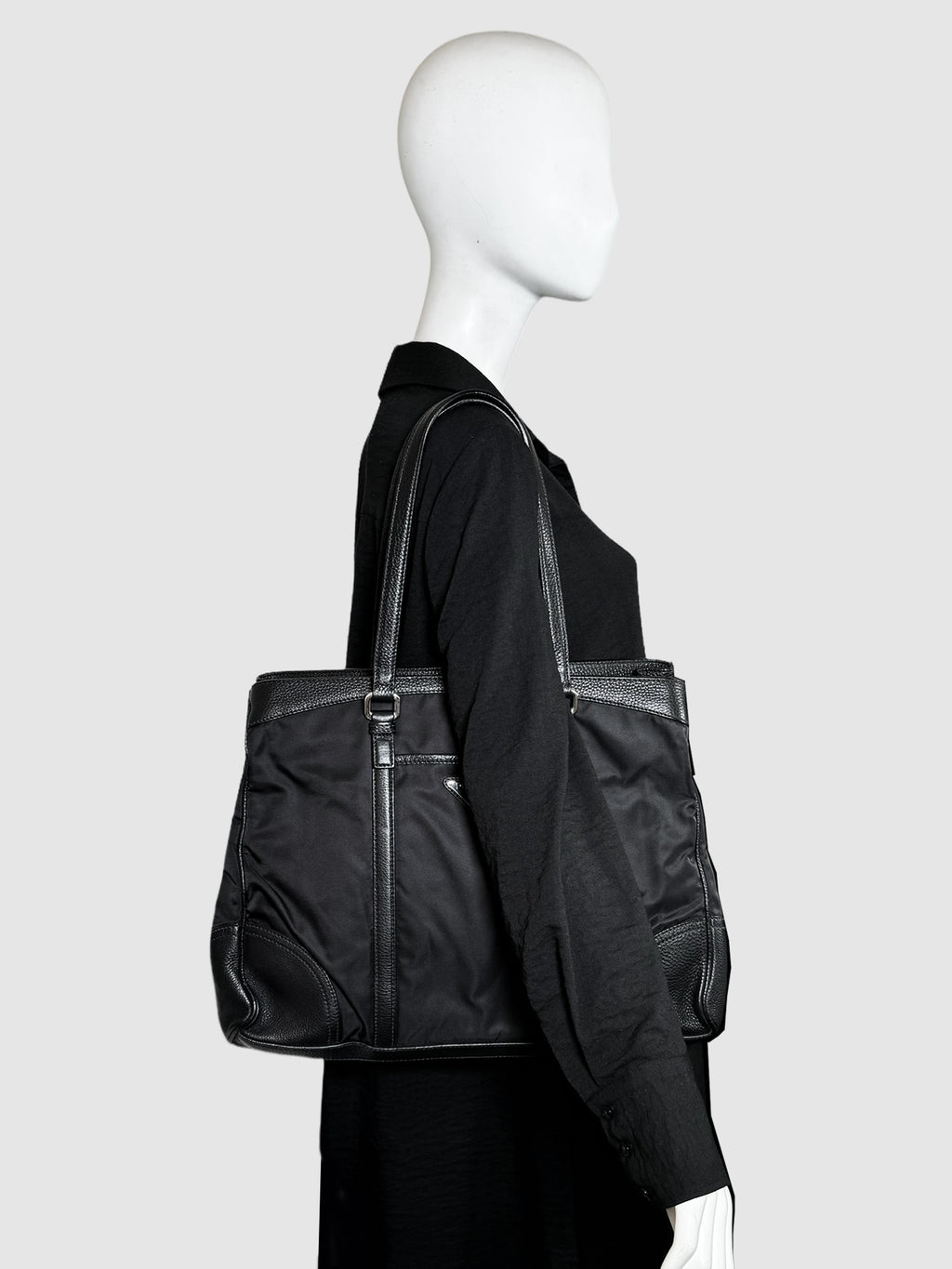 Prada Nylon Leather Trim Tote Bag in Black Consignment Secondhand Designer Luxury Resale Toronto Trendy