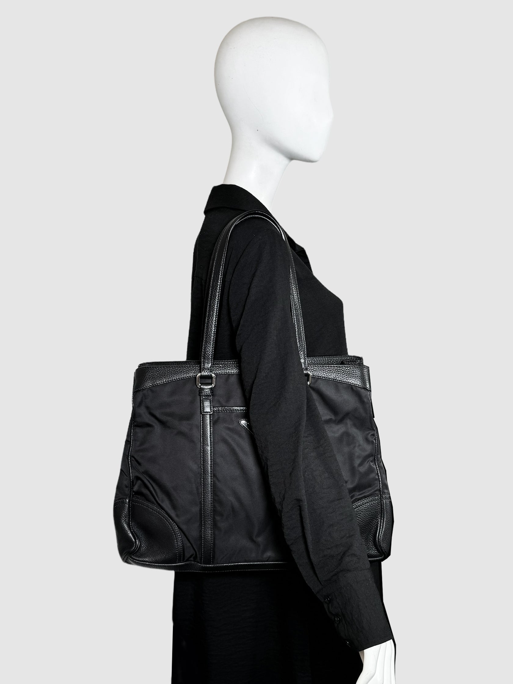 Prada Nylon Leather Trim Tote Bag in Black Consignment Secondhand Designer Luxury Resale Toronto Trendy