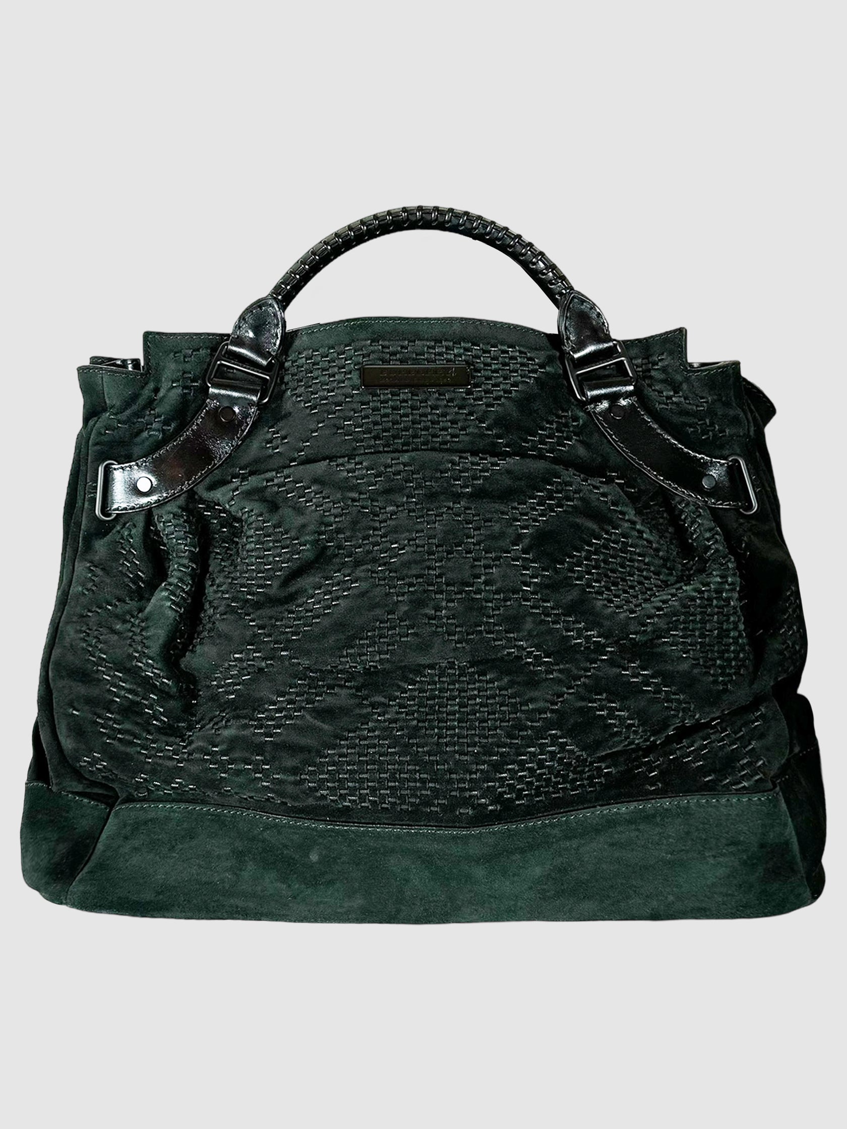 Burberry 2010 Large Corded Check Suede Zip Tote in Forest Green Consignment Secondhand Designer Luxury Resale Toronto Trendy