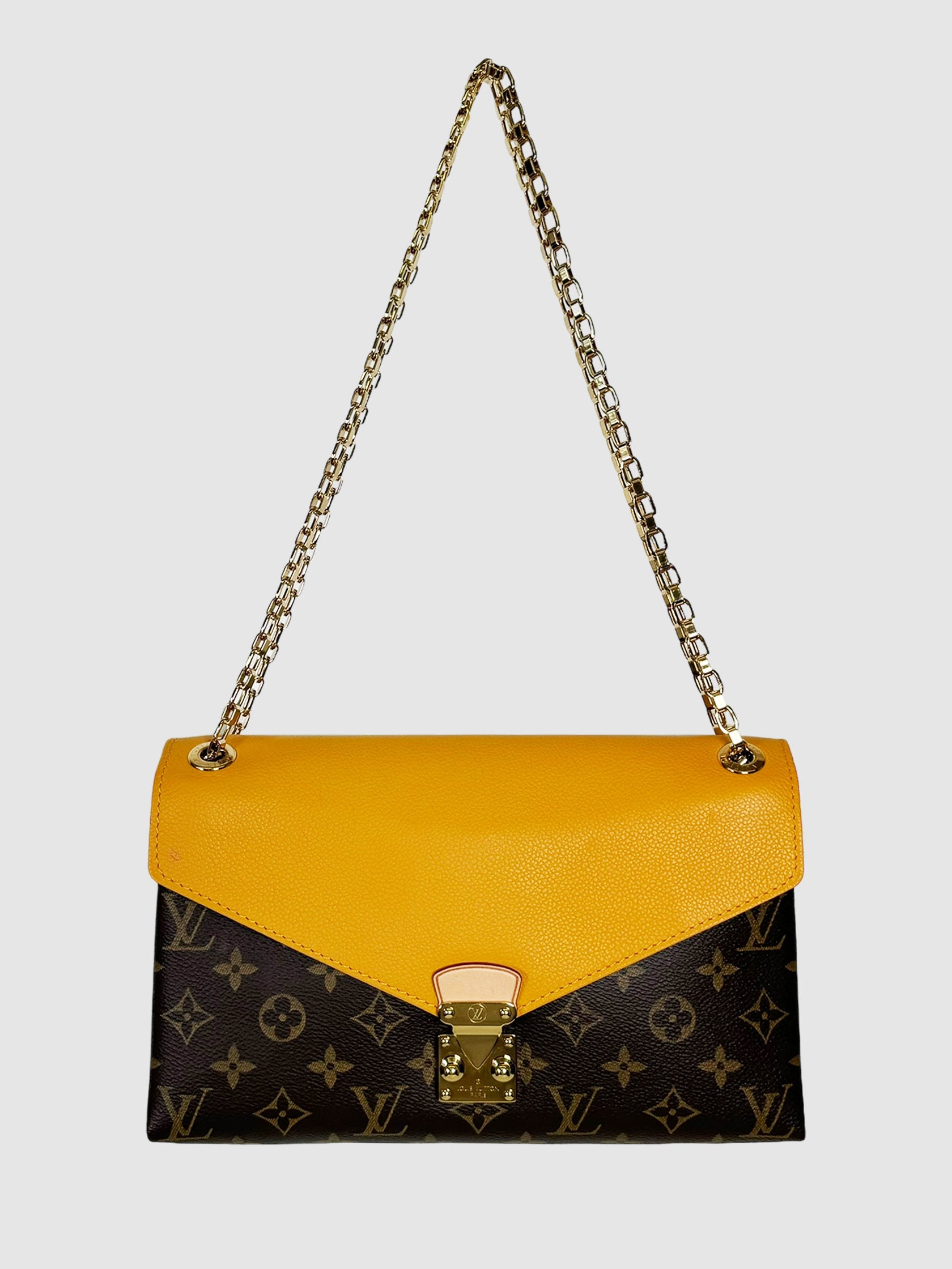 Louis Vuitton Monogram Pallas Chain Shoulder Bag in Safran Yellow Consignment Secondhand Designer Luxury Resale Toronto Trendy