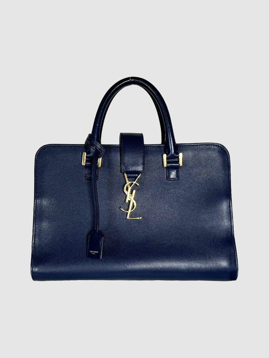 Yves Saint Laurent Blue Leather Small Monogram Cabas Handbag Consignment Secondhand Designer Luxury Resale Toronto Trendy