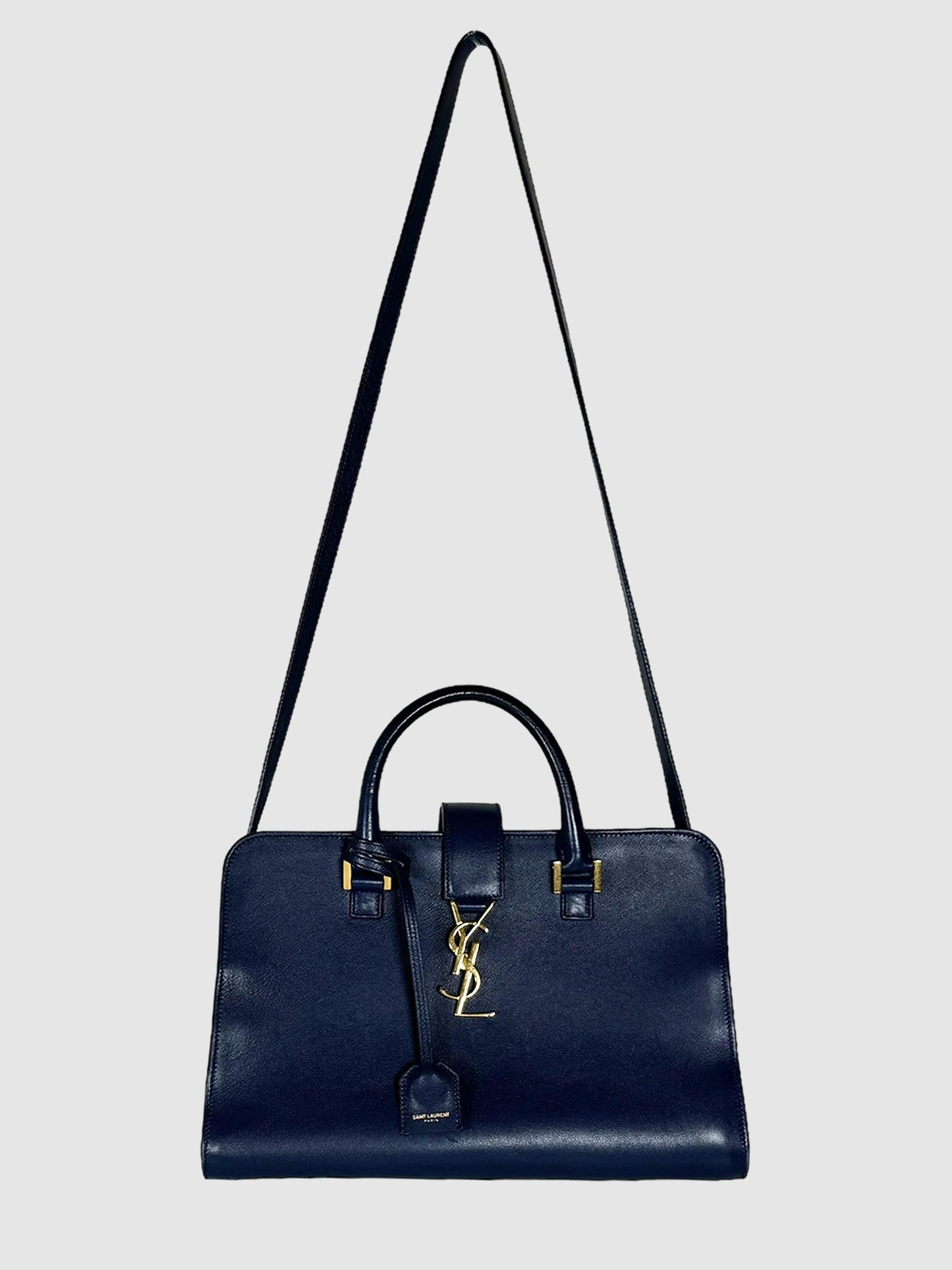 Yves Saint Laurent Blue Leather Small Monogram Cabas Handbag Consignment Secondhand Designer Luxury Resale Toronto Trendy