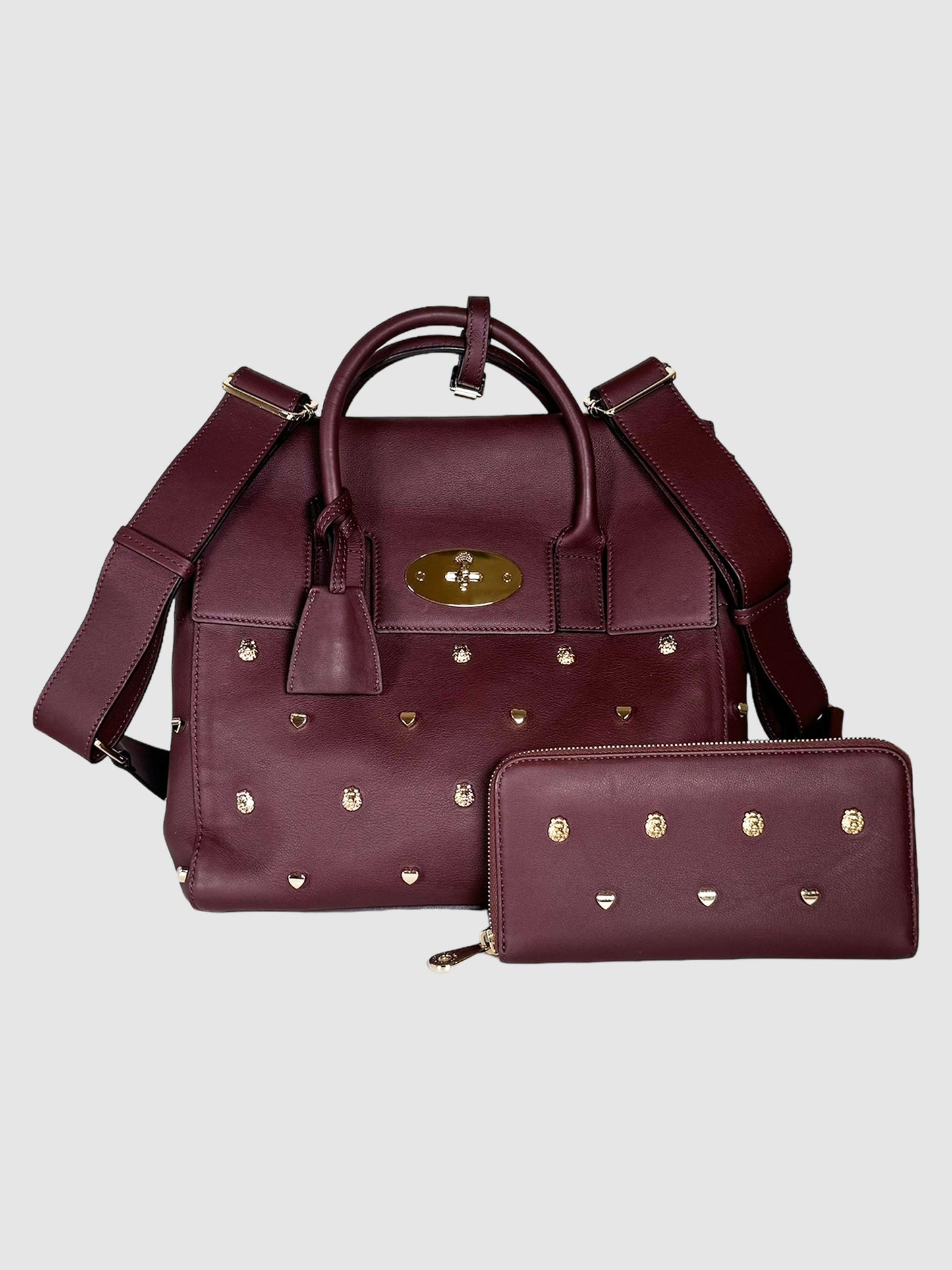 Mulberry x Cara Delevigne 2015 Oxblood Red Burgundy Leather Studded Backpack and Wallet Set Luxury Consignment Secondhand Designer Resale Toronto