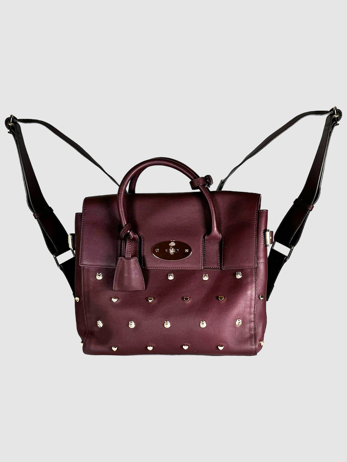 Mulberry x Cara Delevigne 2015 Oxblood Red Burgundy Leather Studded Backpack and Wallet Set Luxury Consignment Secondhand Designer Resale Toronto