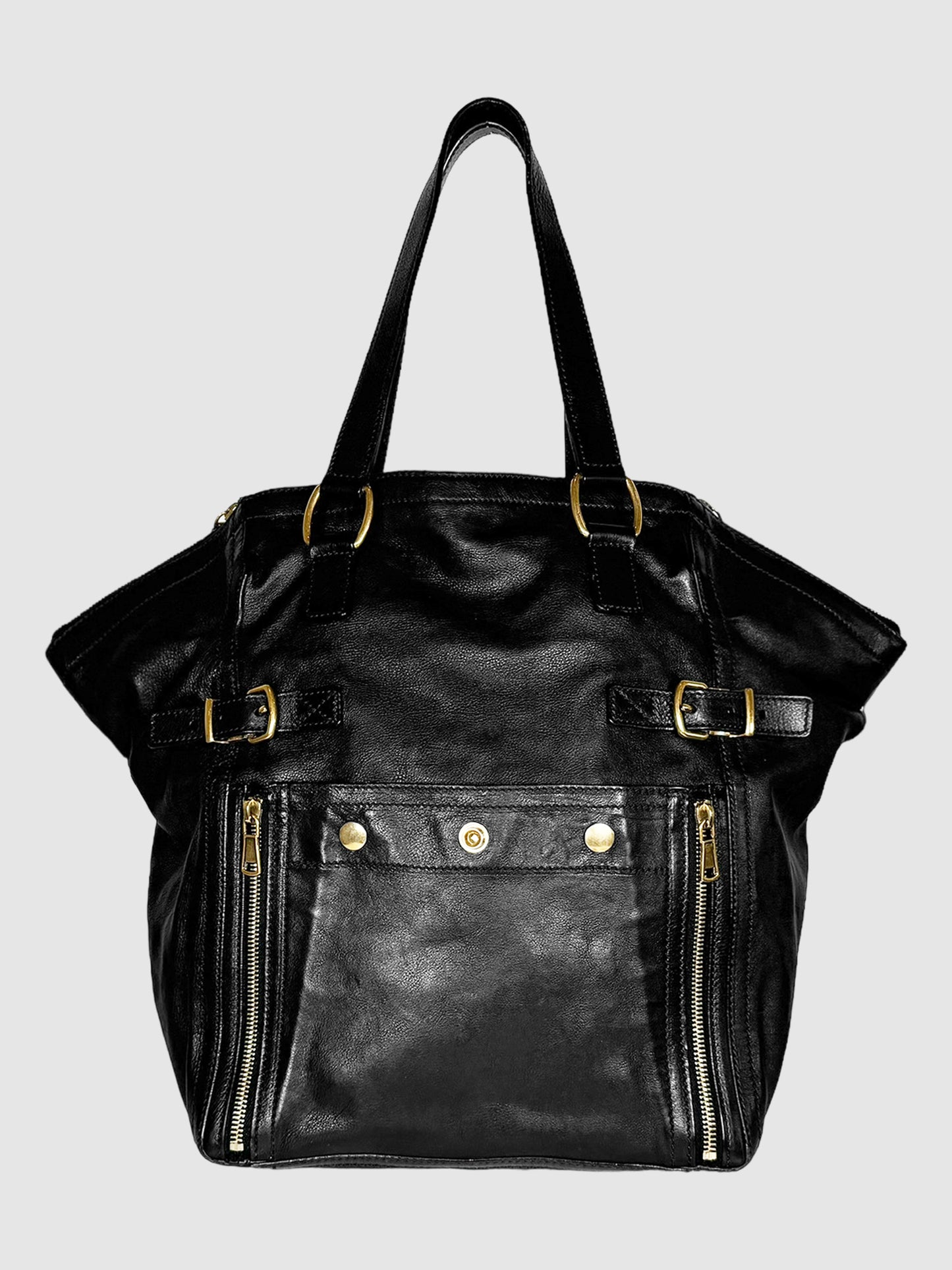 Yves Saint Laurent Black 2007 Leather Downtown Tote Bag Gold Hardware Designer Consignment Luxury Resale Toronto