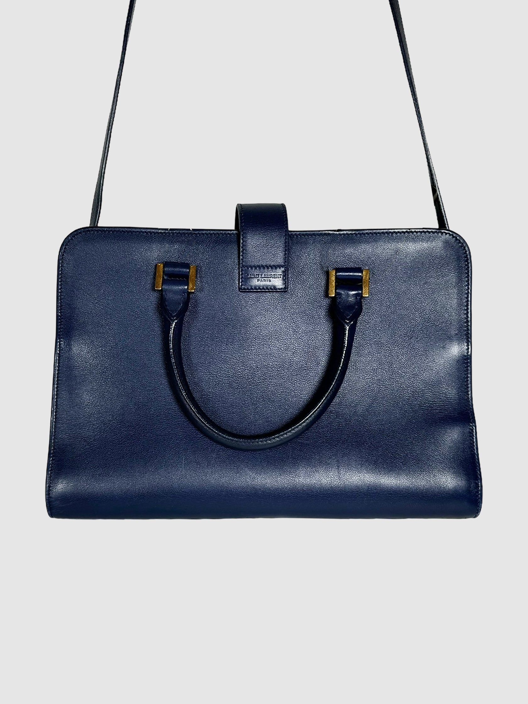 Yves Saint Laurent Blue Leather Small Monogram Cabas Handbag Consignment Secondhand Designer Luxury Resale Toronto Trendy