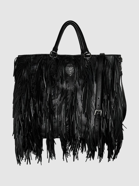 Prada 2007 Black Nappa Leather Fringe Tote Bag Consignment Secondhand Designer Luxury Resale Toronto Trendy