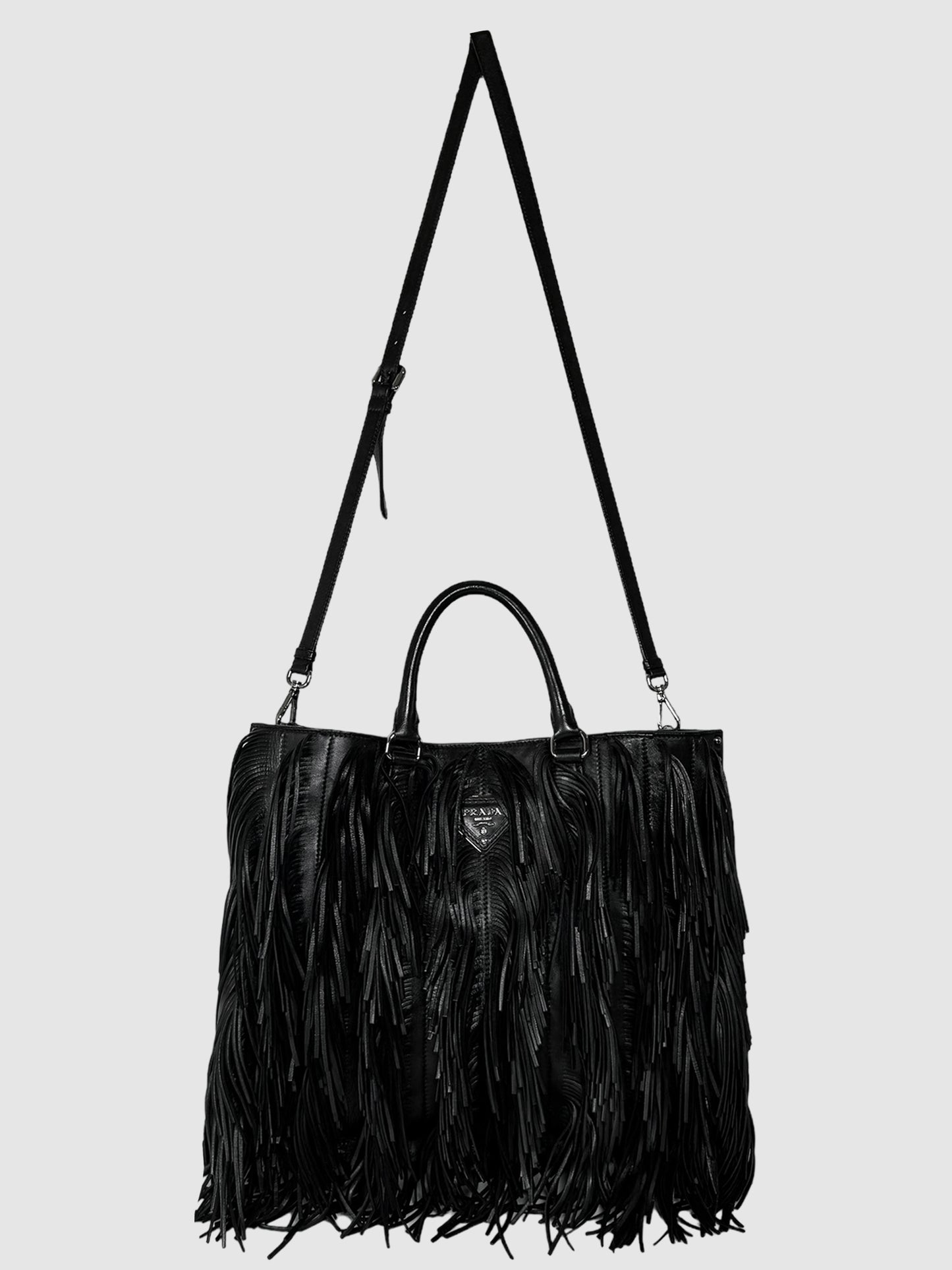 Prada 2007 Black Nappa Leather Fringe Tote Bag Consignment Secondhand Designer Luxury Resale Toronto Trendy