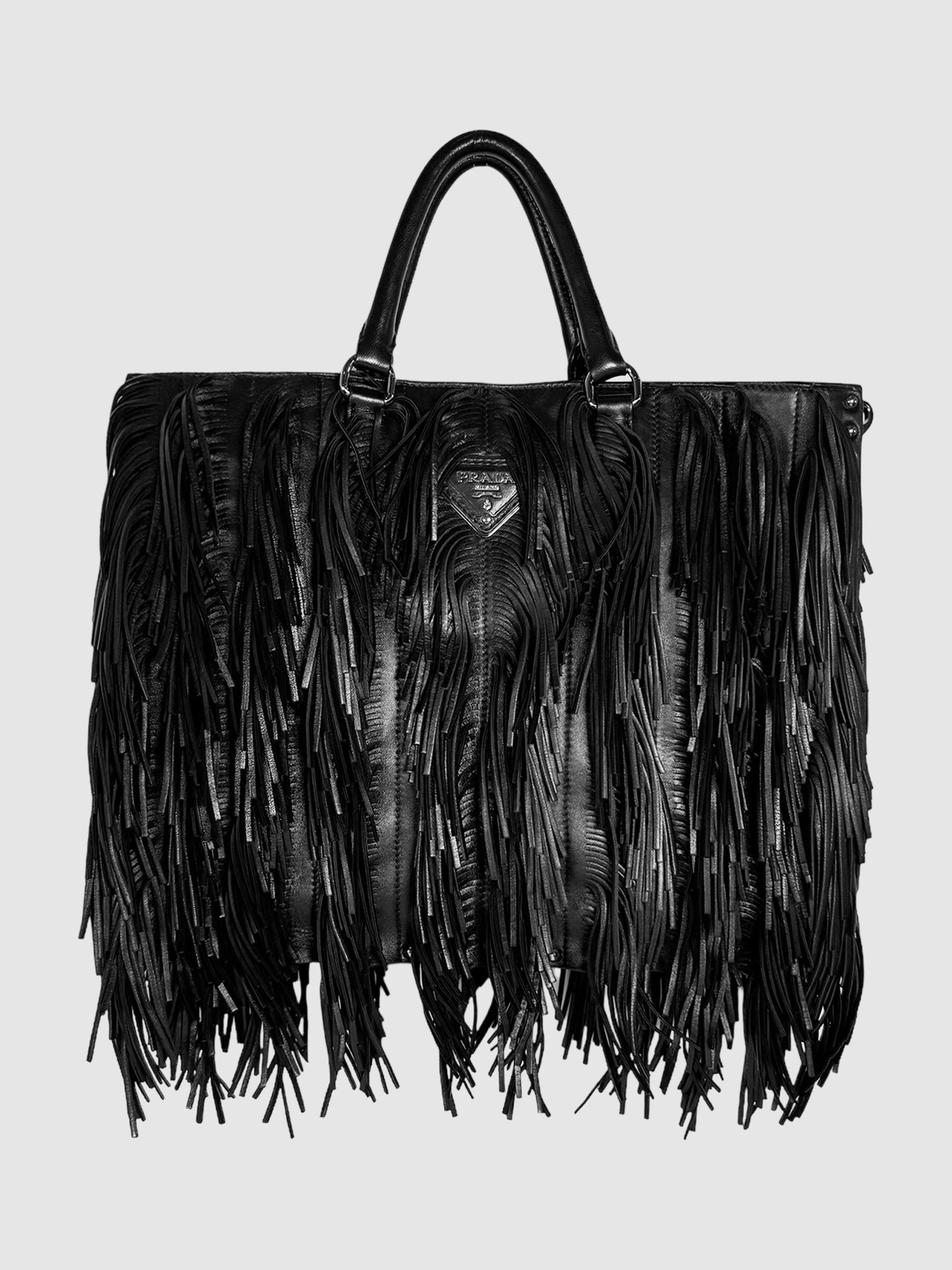 Prada 2007 Black Nappa Leather Fringe Tote Bag Consignment Secondhand Designer Luxury Resale Toronto Trendy