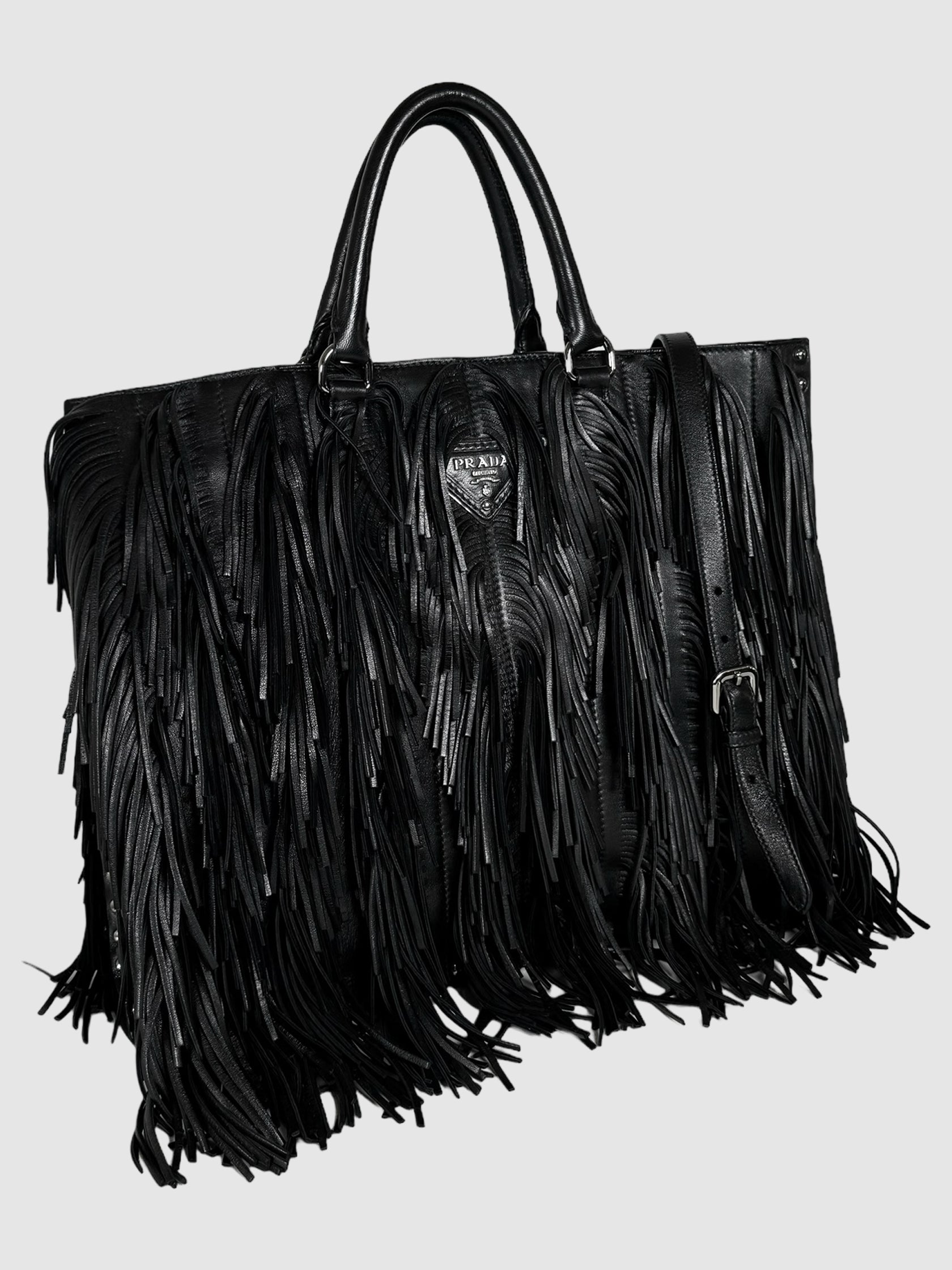 Prada 2007 Black Nappa Leather Fringe Tote Bag Consignment Secondhand Designer Luxury Resale Toronto Trendy