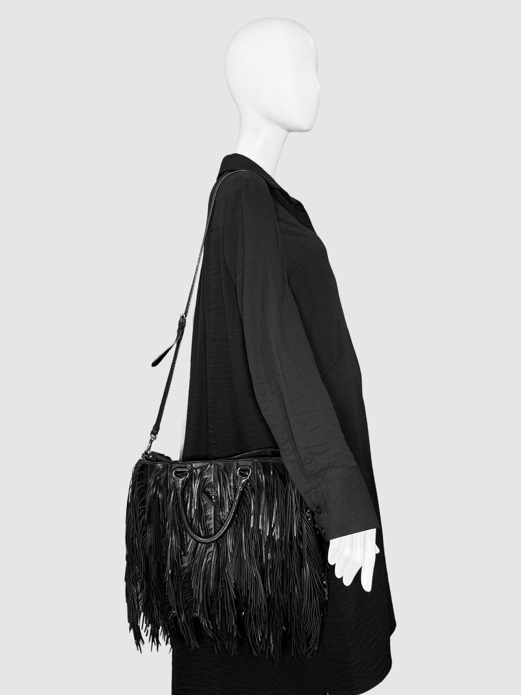 Prada 2007 Black Nappa Leather Fringe Tote Bag Consignment Secondhand Designer Luxury Resale Toronto Trendy