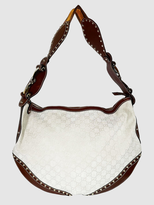 Gucci Extra Large Studded Suede Pelham Hobo Shoulder Bag Consignment Secondhand Designer Luxury Resale Toronto Trendy