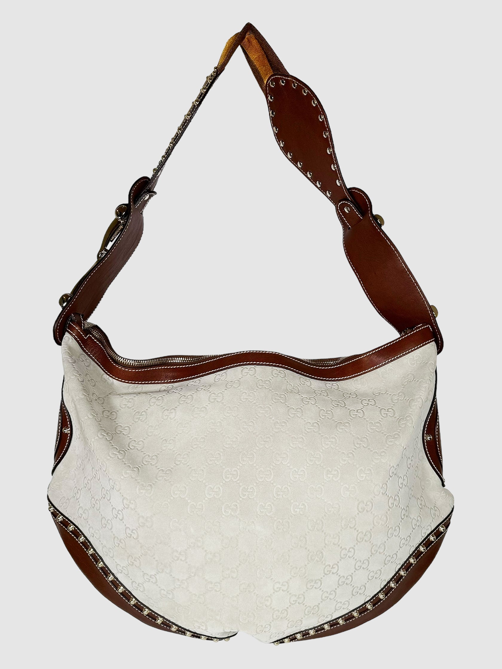 Gucci Extra Large Studded Suede Pelham Hobo Shoulder Bag Consignment Secondhand Designer Luxury Resale Toronto Trendy