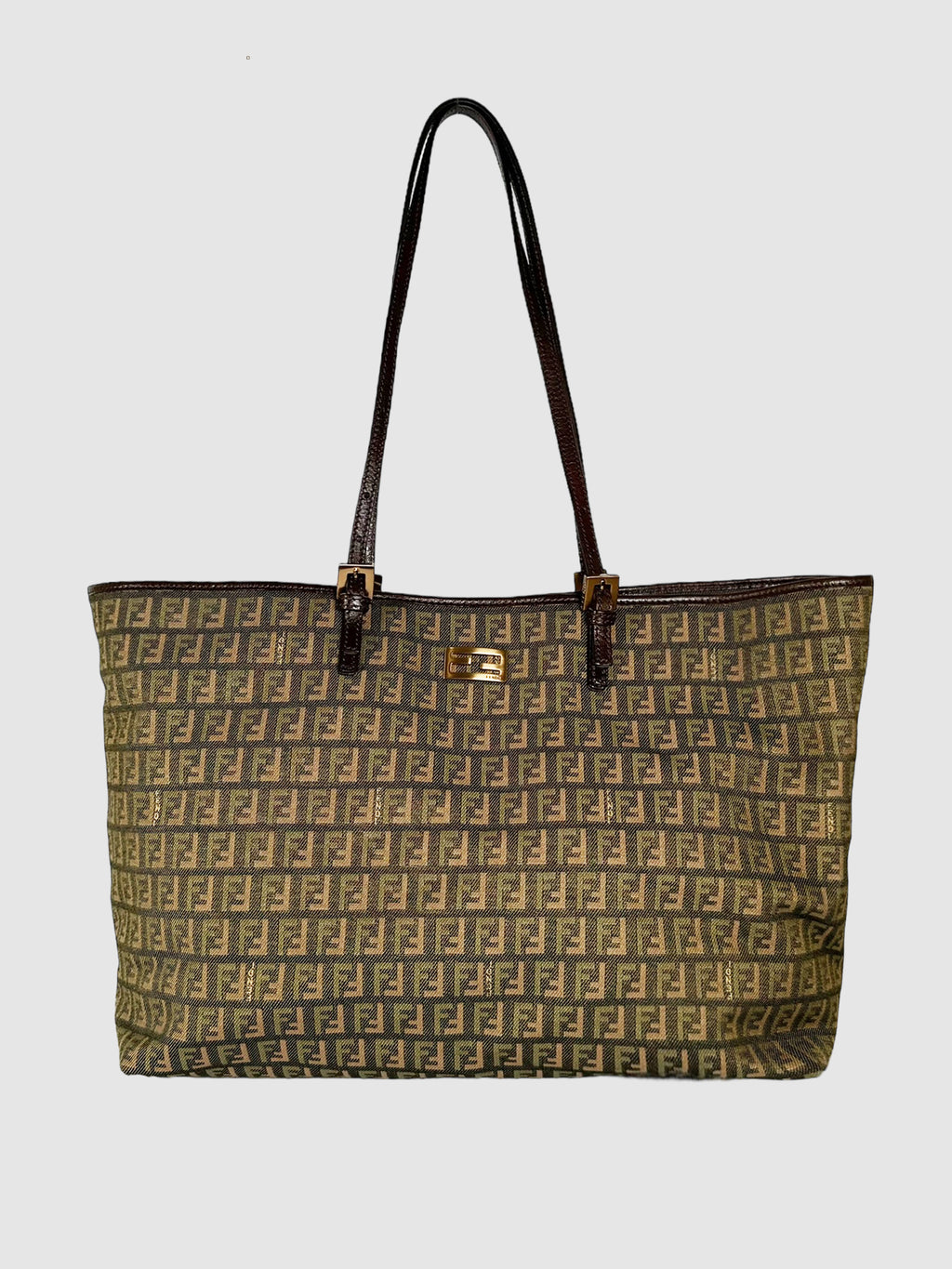Fendi 2006 Khaki Green, Khaki Brown and Beige Zucchino Monogram Tote Bag Consignment Secondhand Designer Luxury Resale Toronto Trendy