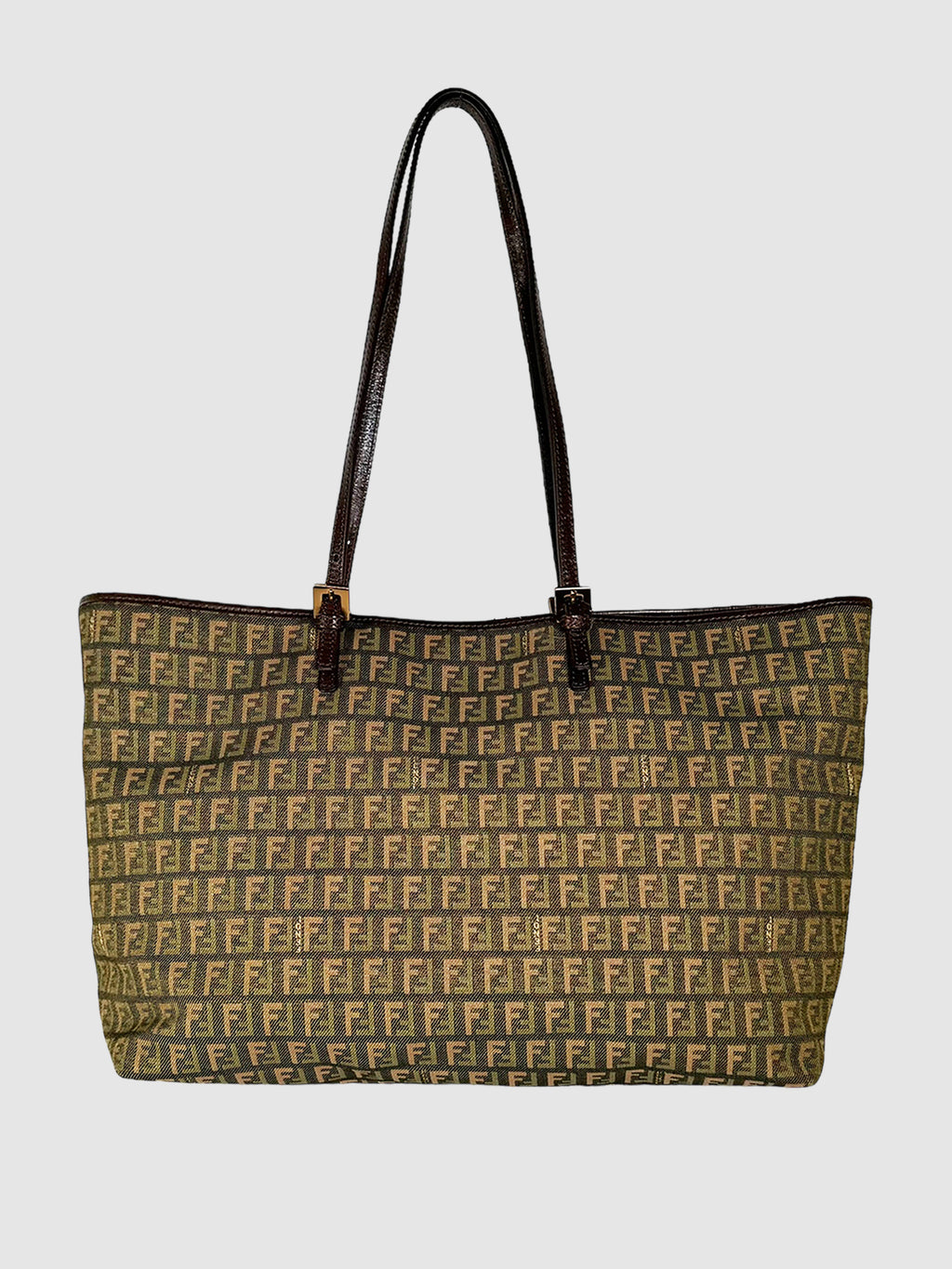 Fendi 2006 Khaki Green, Khaki Brown and Beige Zucchino Monogram Tote Bag Consignment Secondhand Designer Luxury Resale Toronto Trendy