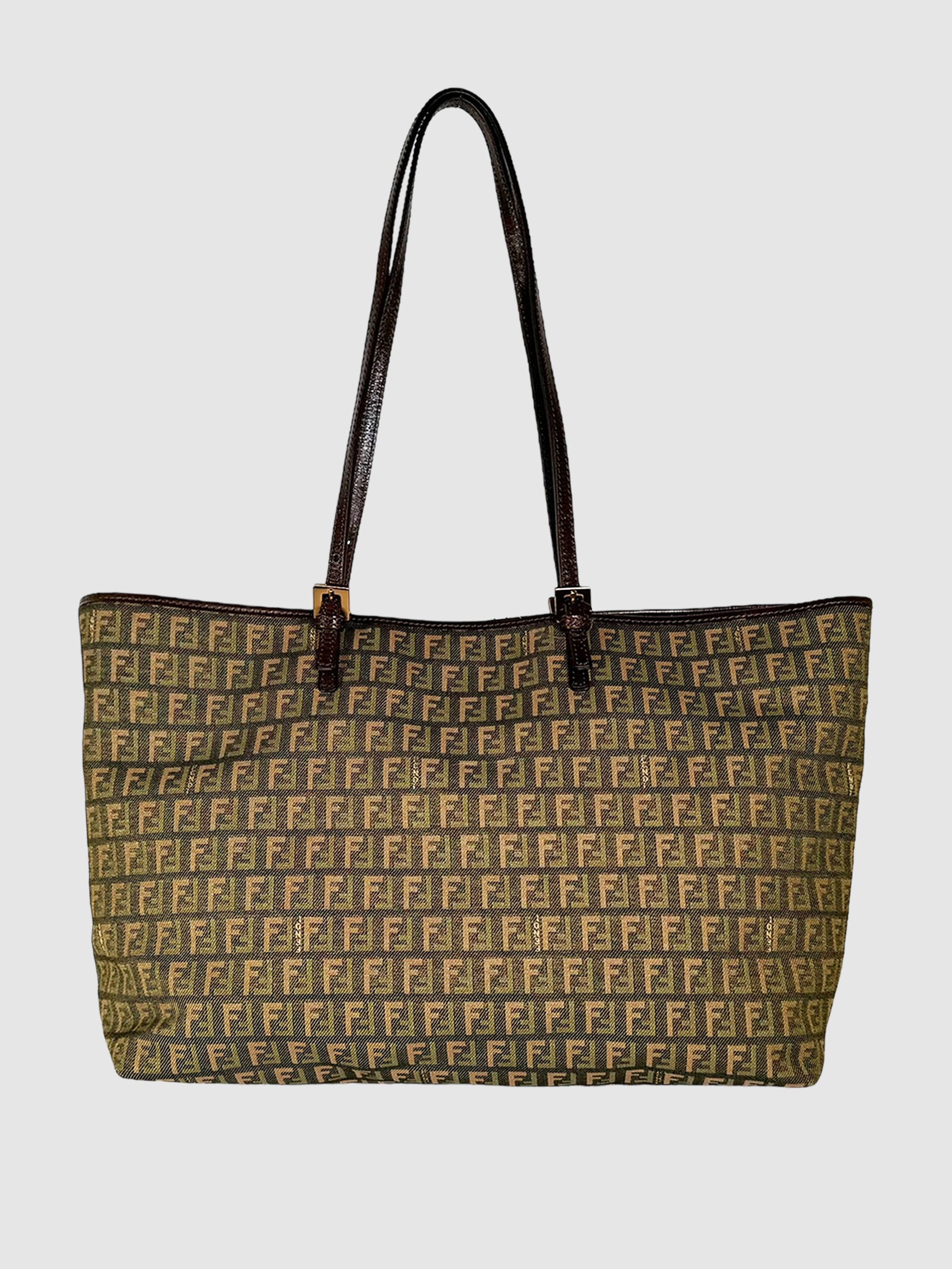 Fendi 2006 Khaki Green, Khaki Brown and Beige Zucchino Monogram Tote Bag Consignment Secondhand Designer Luxury Resale Toronto Trendy