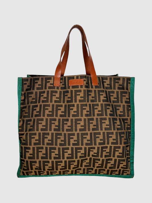 Fendi Vintage Brown with Green Trim Zucca Monogram Canvas Tote Bag Luxury Designer Resale Consignment Toronto