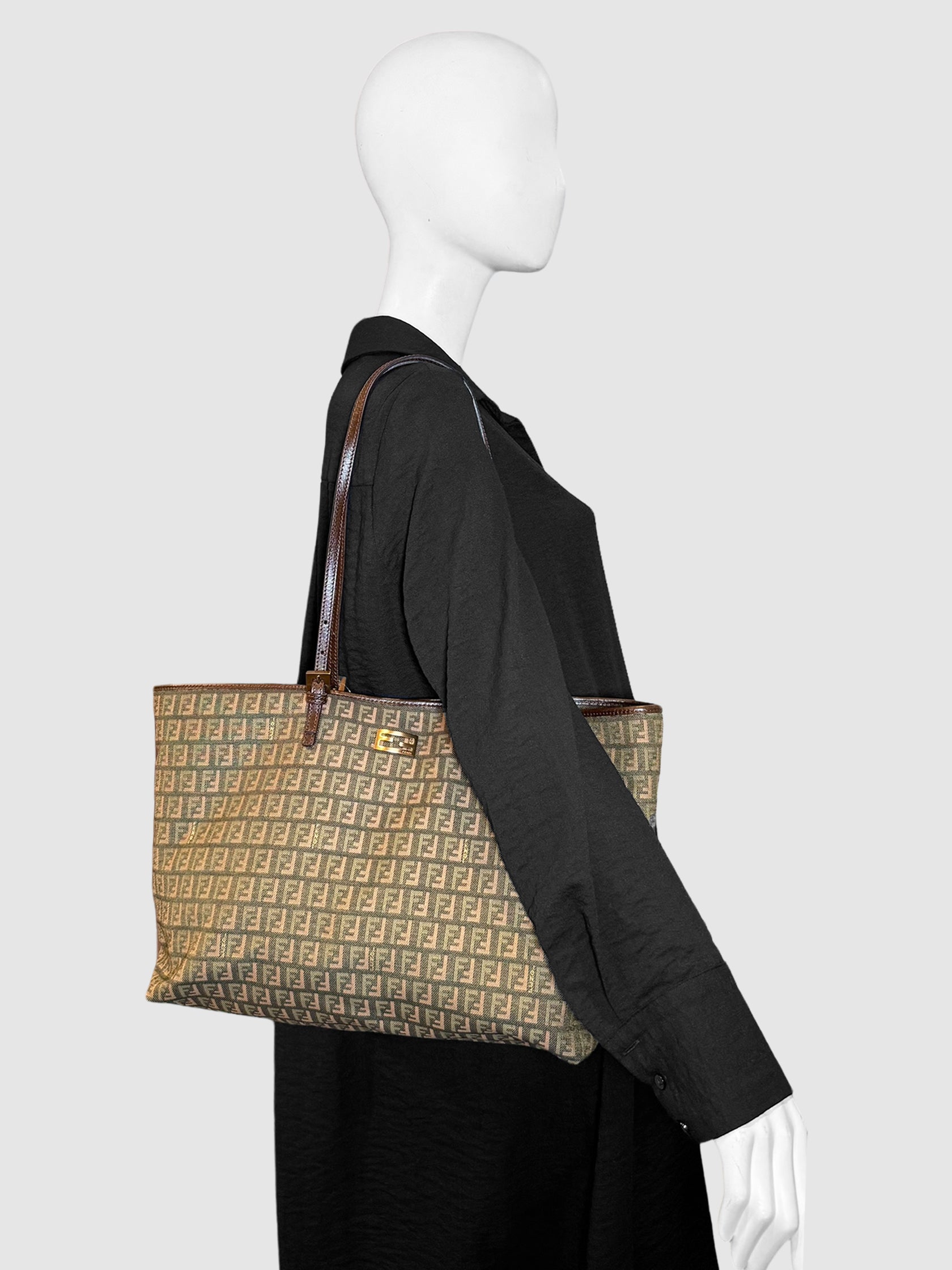 Fendi 2006 Khaki Green, Khaki Brown and Beige Zucchino Monogram Tote Bag Consignment Secondhand Designer Luxury Resale Toronto Trendy