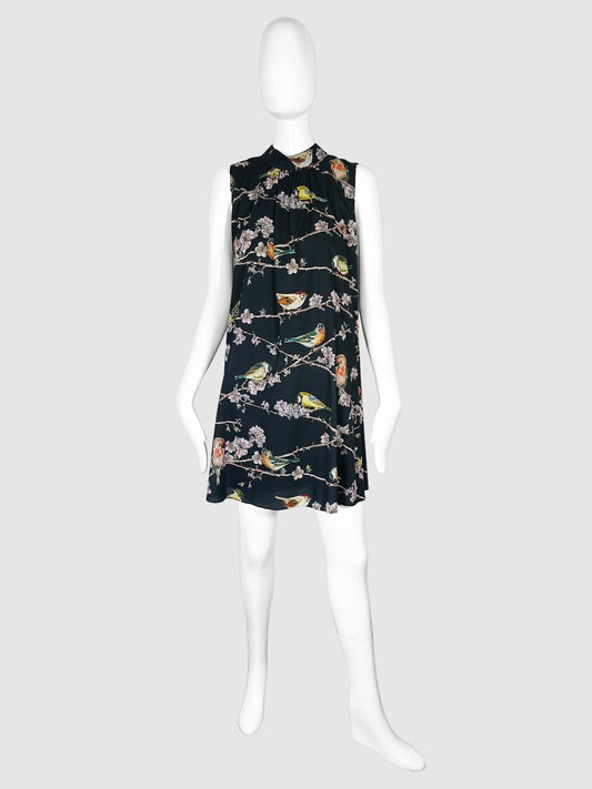 Ted Baker Black with Multicolour Bird and Floral Print Sleeveless Mini Dress Size 3 Consignment Secondhand Designer Luxury Resale Toronto Trendy