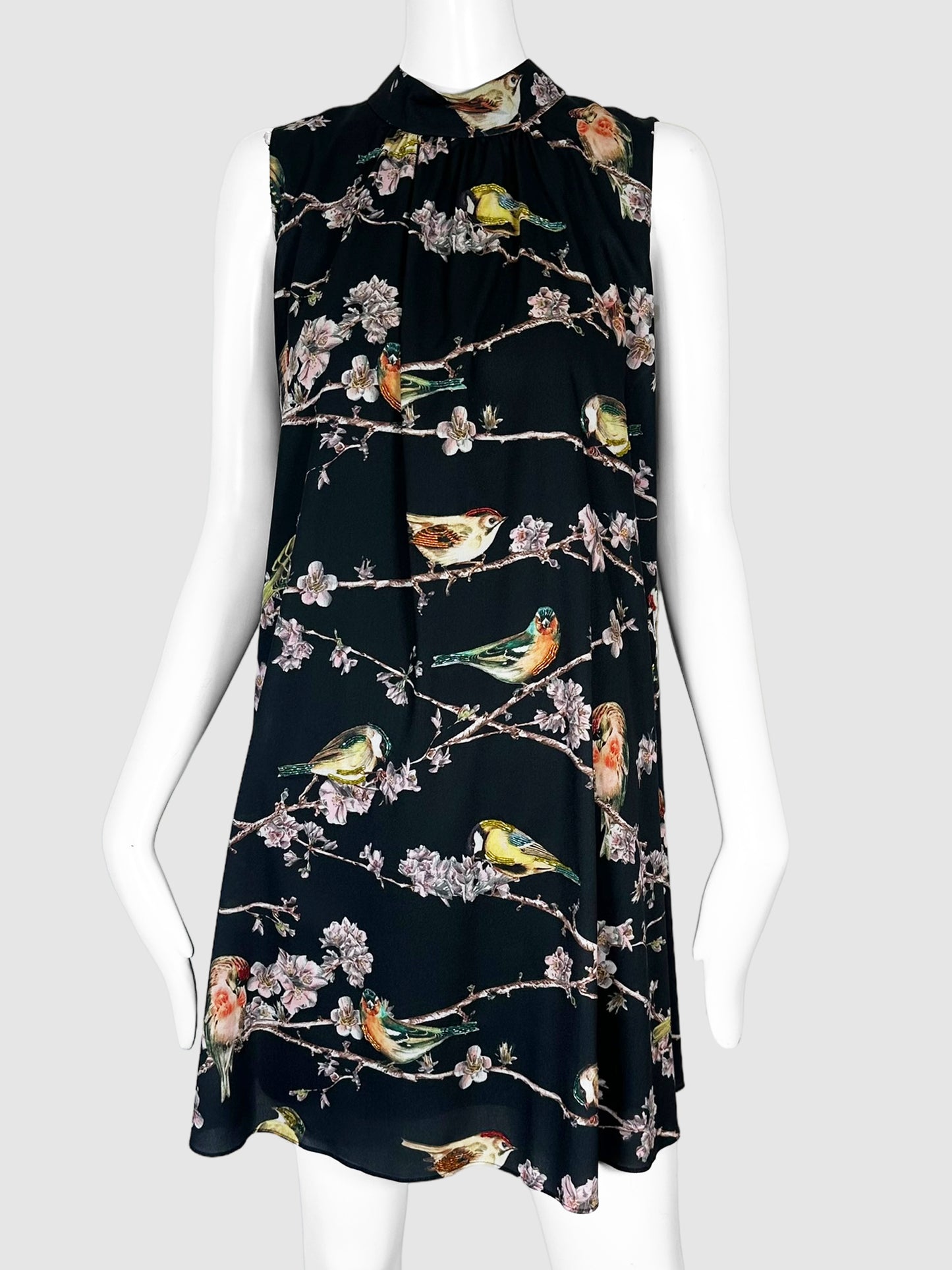 Ted Baker Black with Multicolour Bird and Floral Print Sleeveless Mini Dress Size 3 Consignment Secondhand Designer Luxury Resale Toronto Trendy