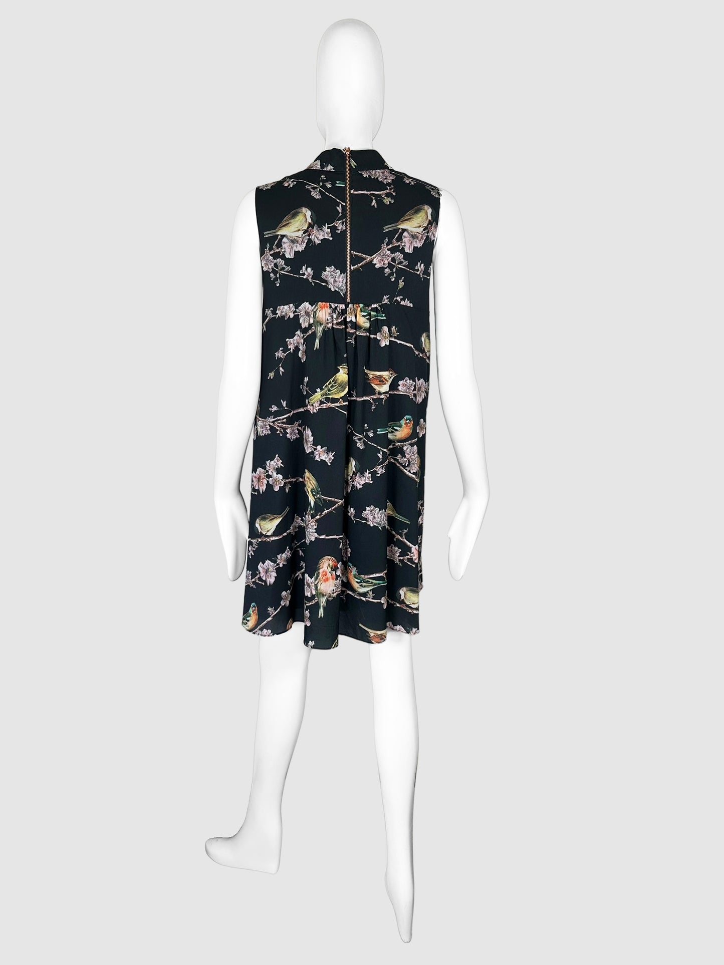 Bird and Floral Print Mini Dress - Size 3