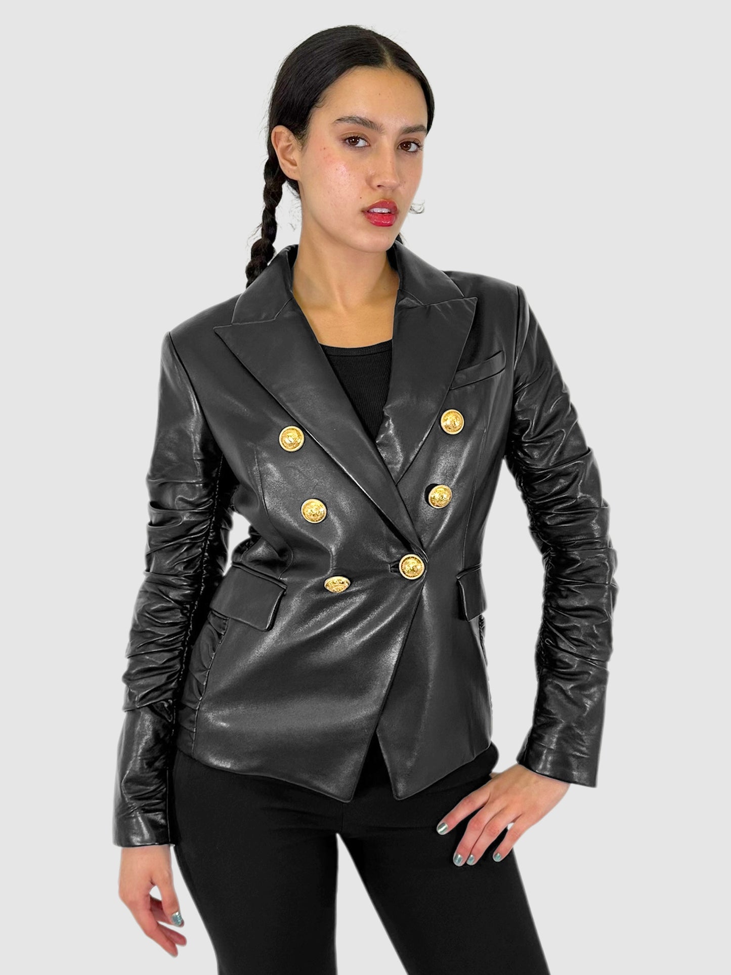 Ruched Sleeve Double-Breasted Blazer - Size 40