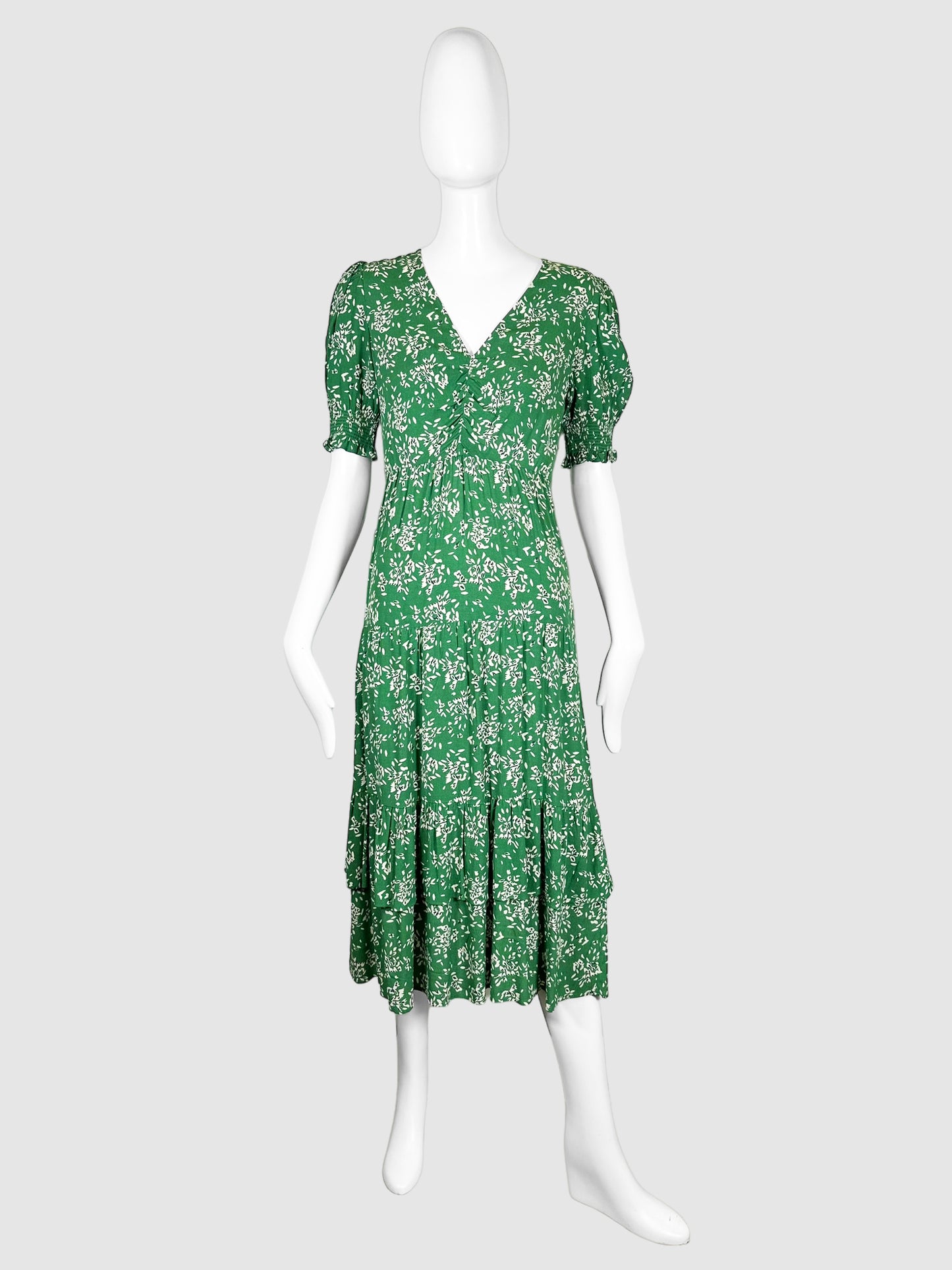 ba&sh Green, White, and Black Printed Ruffle Midi Dress Size 0 Consignment Secondhand Designer Luxury Resale Toronto Trendy