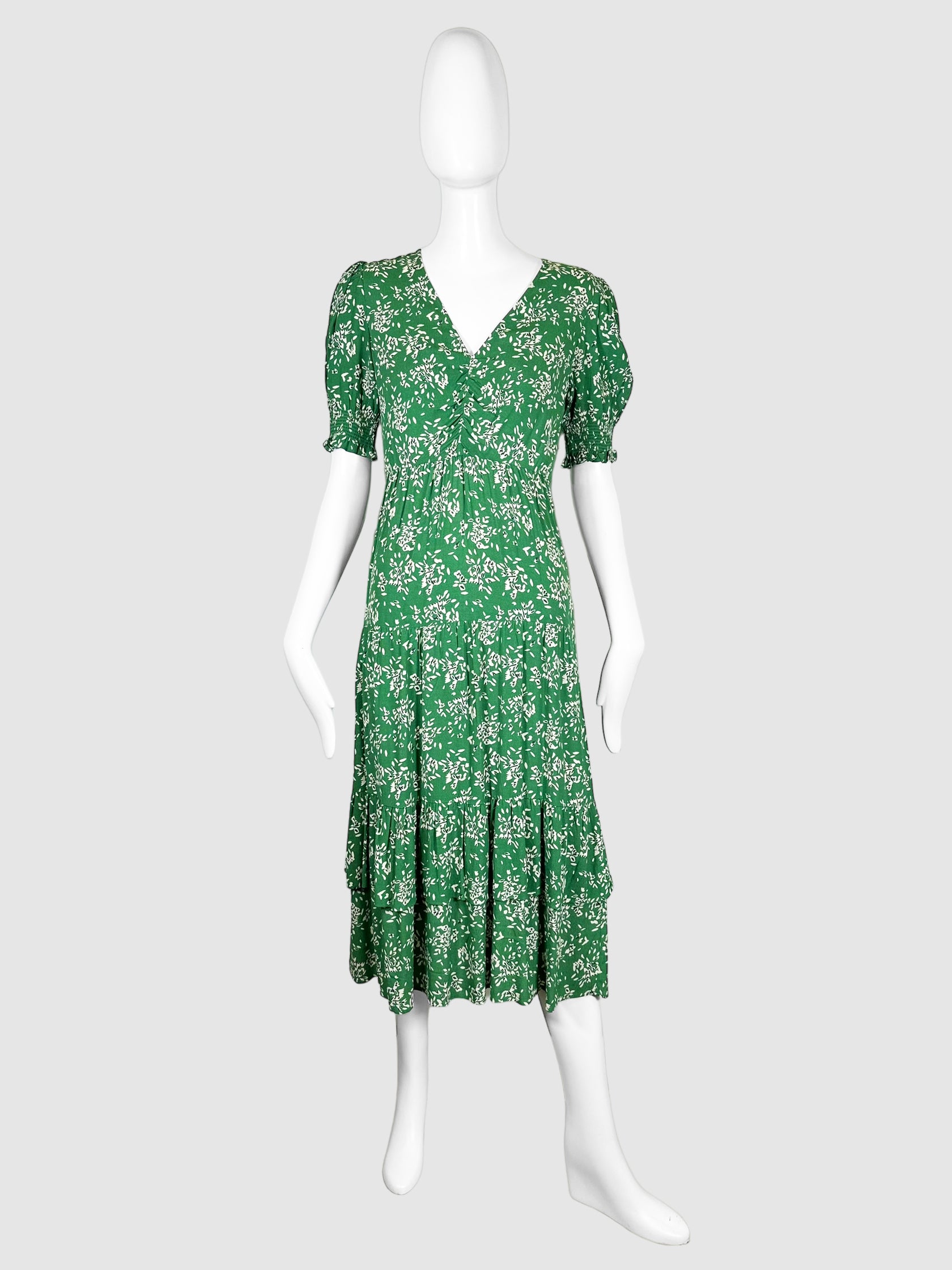 ba&sh Green, White, and Black Printed Ruffle Midi Dress Size 0 Consignment Secondhand Designer Luxury Resale Toronto Trendy