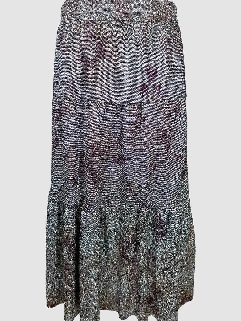 ba&sh Black, Purple, and Metallic Silver-Tone Tiered Ruffle Maxi Skirt Size Medium Consignment Secondhand Designer Luxury Resale Toronto Trendy