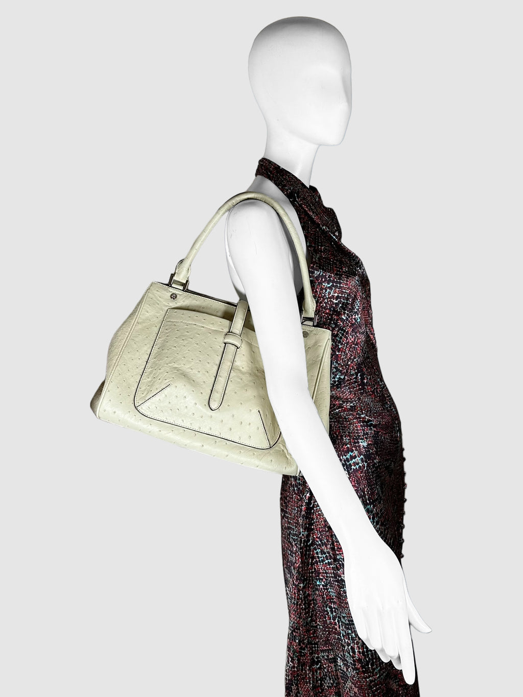 Brooks Brothers Cream Ostrich Leather Dual Top Handle Bag Consignment Secondhand Designer Luxury Resale Toronto Trendy