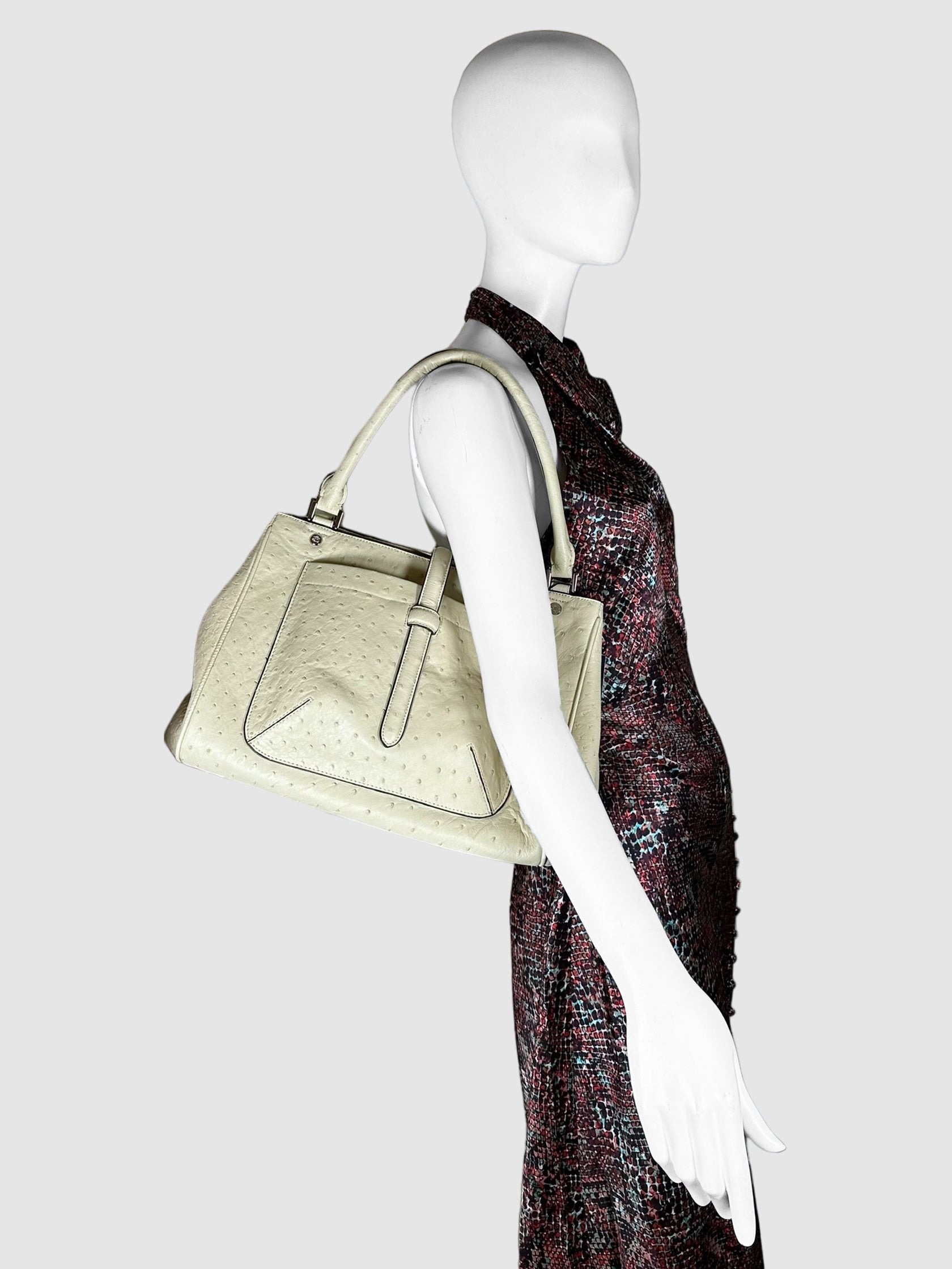 Brooks Brothers Cream Ostrich Leather Dual Top Handle Bag Consignment Secondhand Designer Luxury Resale Toronto Trendy