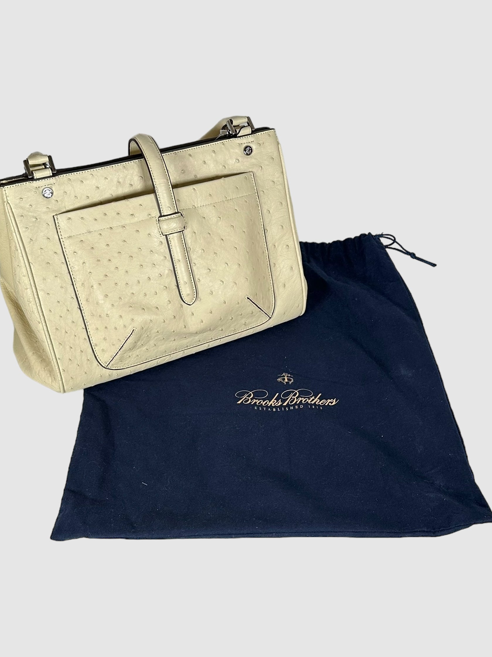 Brooks Brothers Cream Ostrich Leather Dual Top Handle Bag Consignment Secondhand Designer Luxury Resale Toronto Trendy