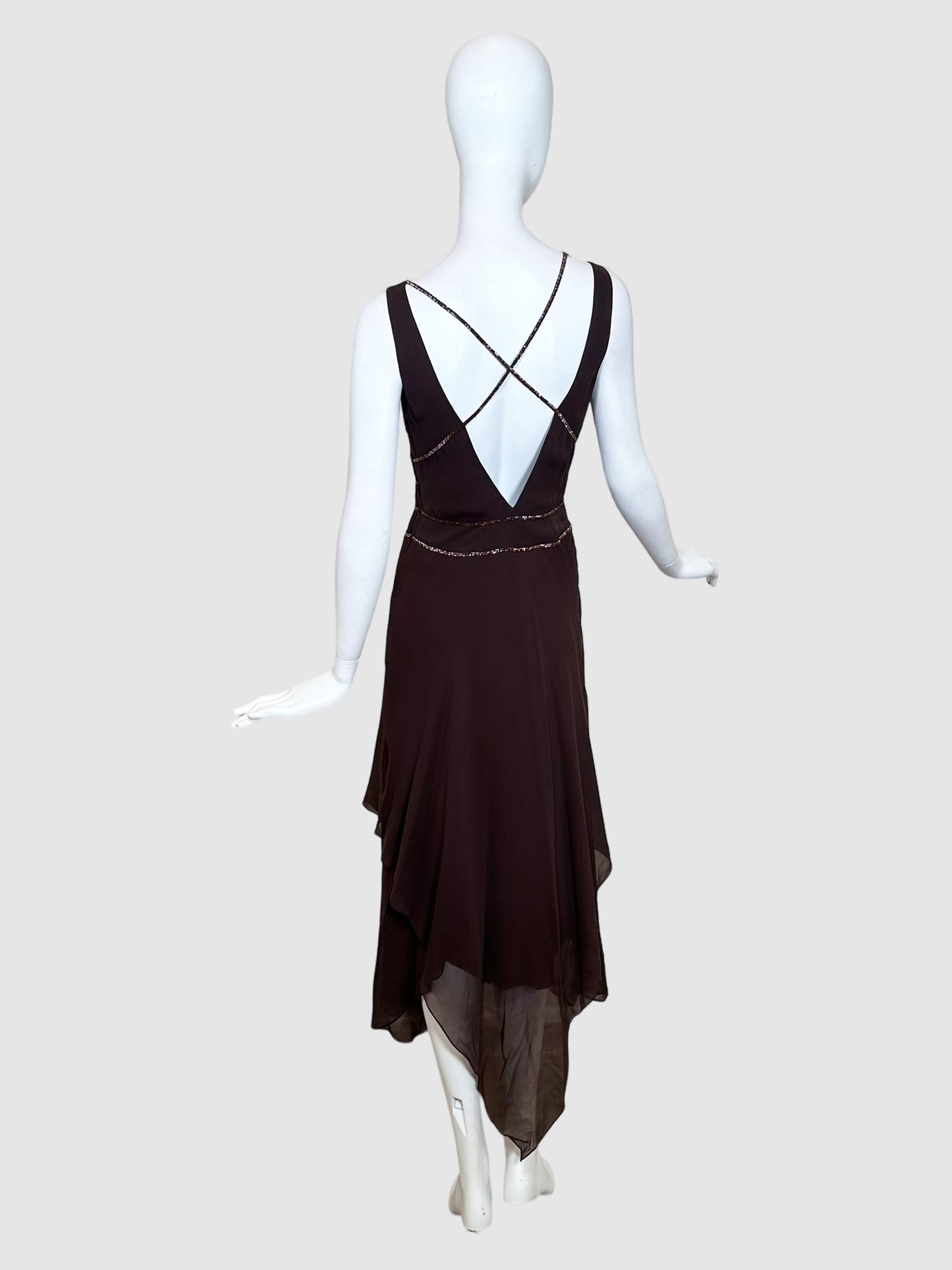 BCBG Silk Ruched Beaded Midi Dress - Size 2