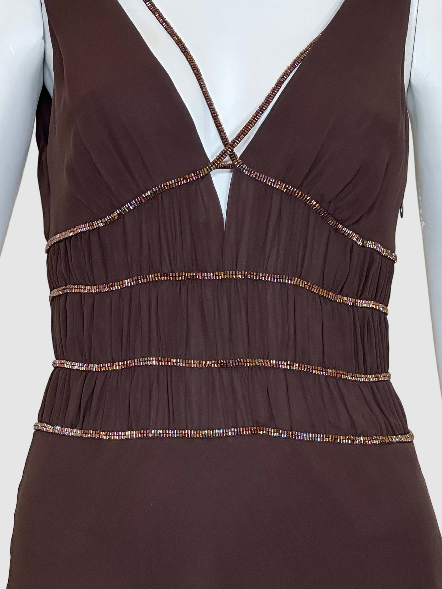 BCBG Silk Ruched Beaded Midi Dress - Size 2