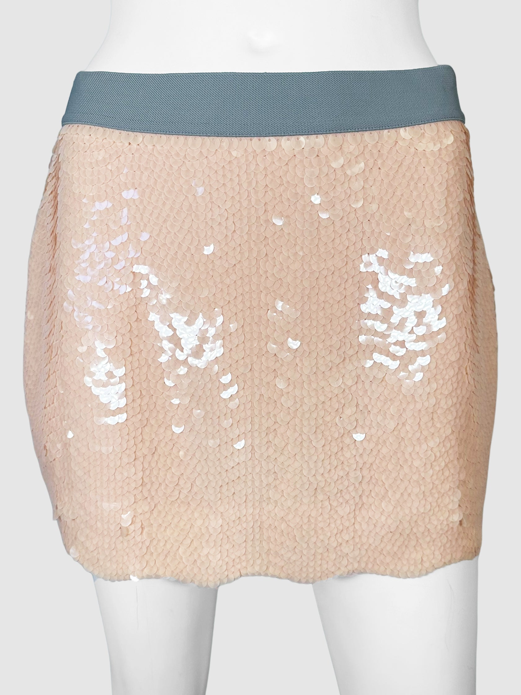 BCBG Maxazria Pale Pink with Grey Waistband Sequinned Scallop Hem Mini Skirt Size Extra Small Consignment Secondhand Designer Luxury Resale Toronto Trendy