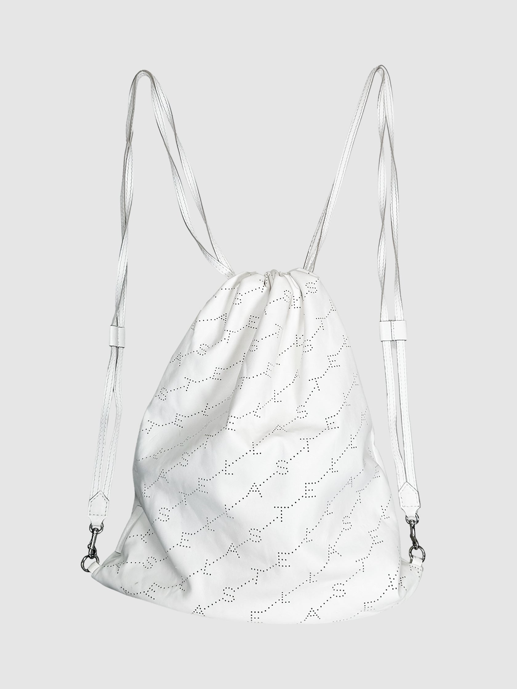 Stella McCartney White Faux Leather Perforated Soft Backpack Consignment Secondhand Designer Luxury Resale Toronto Trendy