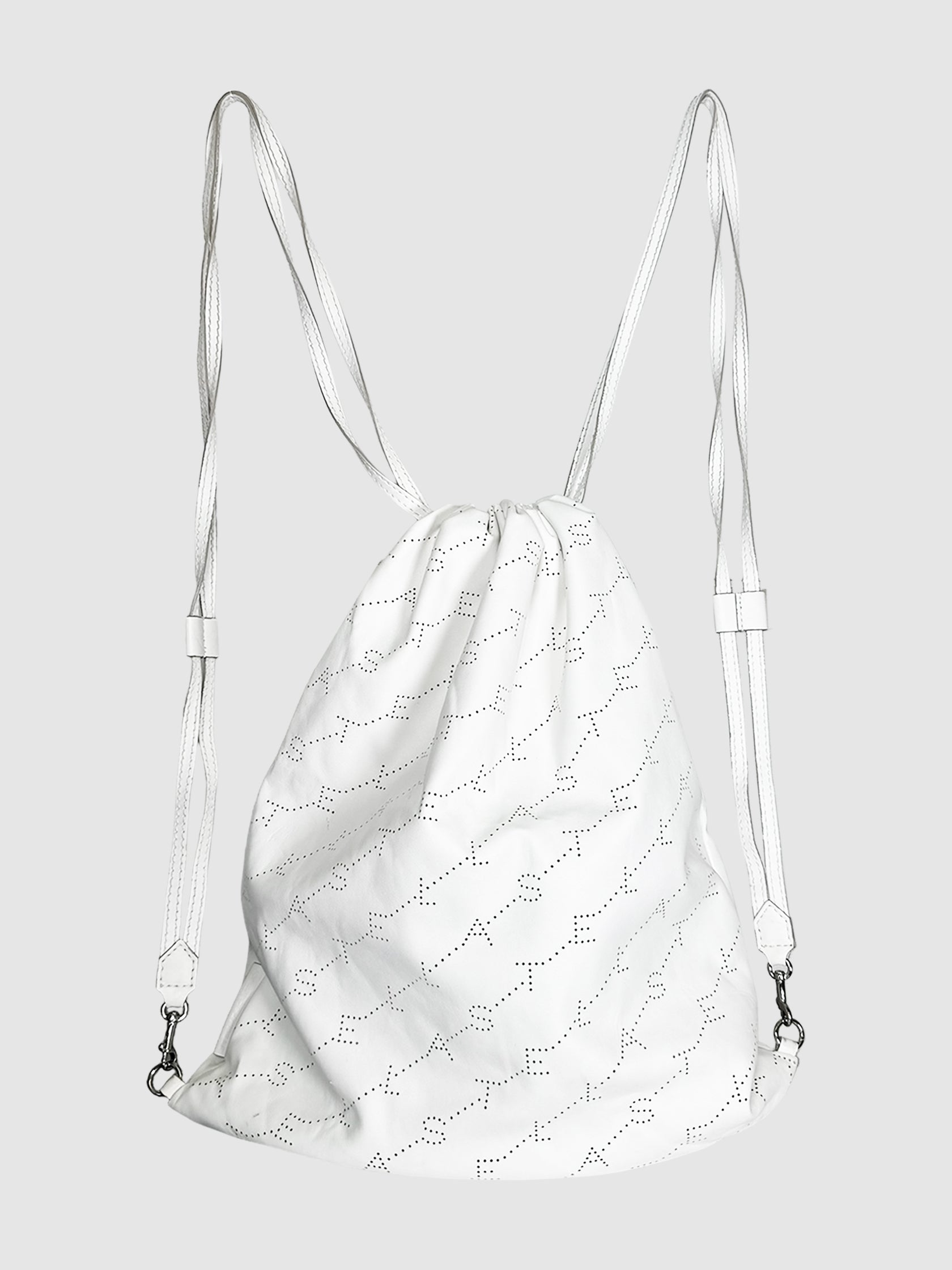 Stella McCartney White Faux Leather Perforated Soft Backpack Consignment Secondhand Designer Luxury Resale Toronto Trendy