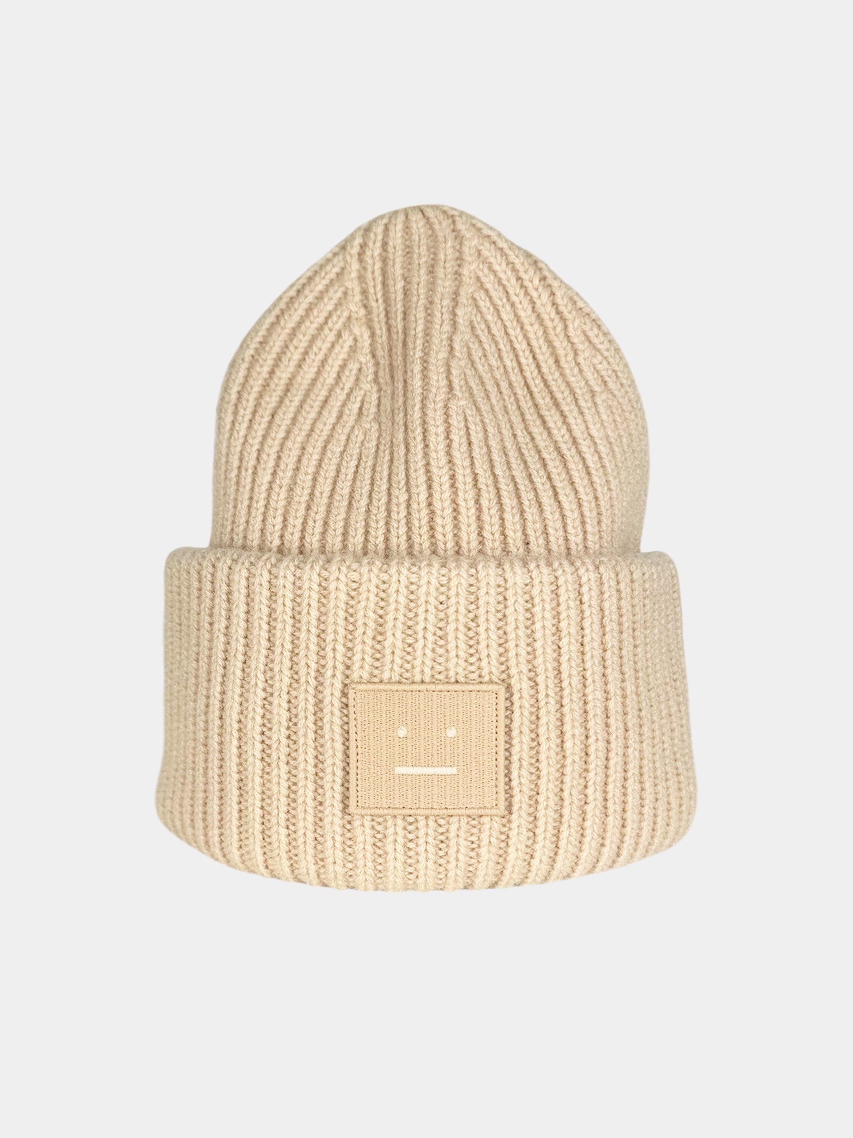 Acne Studios Beanie Beige Large Face Logo Beanie Luxury Resale Consignment NWT