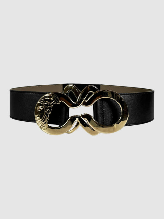 Versace Gold-Tone Medusa Buckle Wide Black Leather Belt Size 32/80 Consignment Secondhand Designer Luxury Resale Toronto Trendy