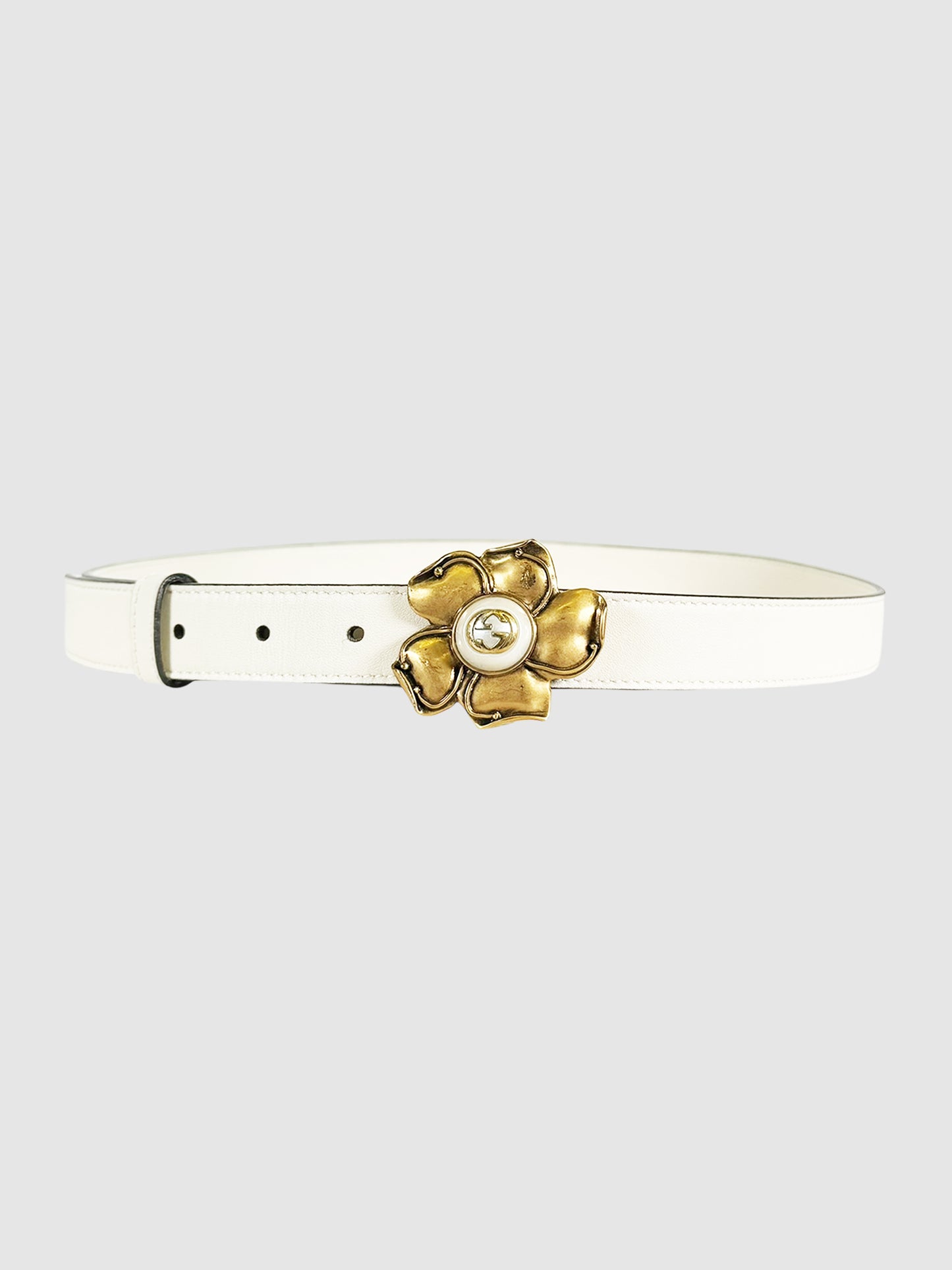 Metal Flower Faux Pearl Interlocking G Leather Belt