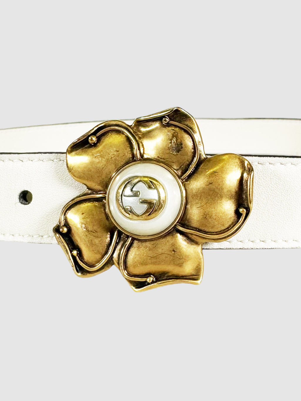 Metal Flower Faux Pearl Interlocking G Leather Belt