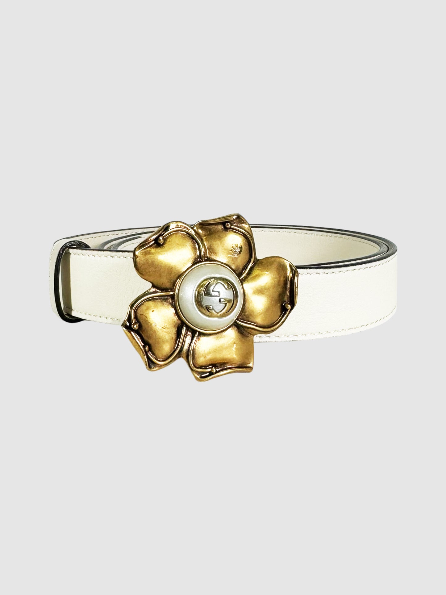 Metal Flower Faux Pearl Interlocking G Leather Belt