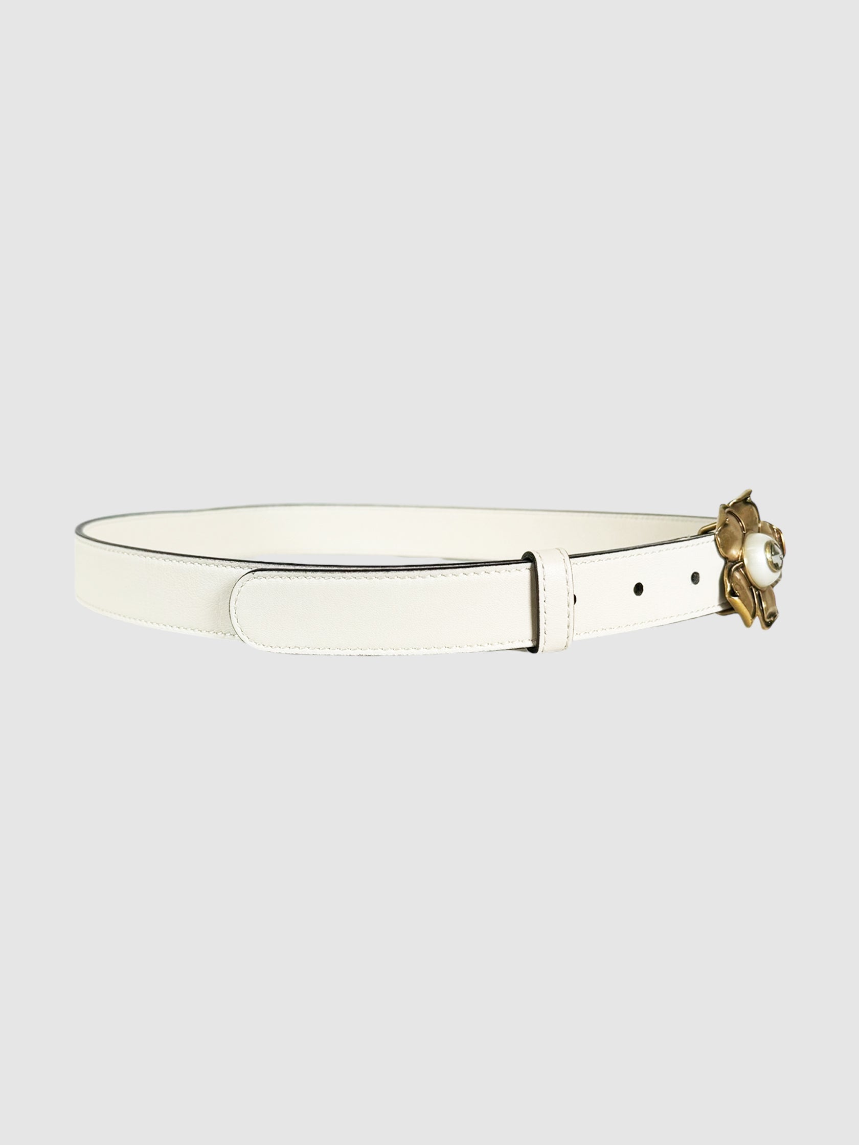 Metal Flower Faux Pearl Interlocking G Leather Belt