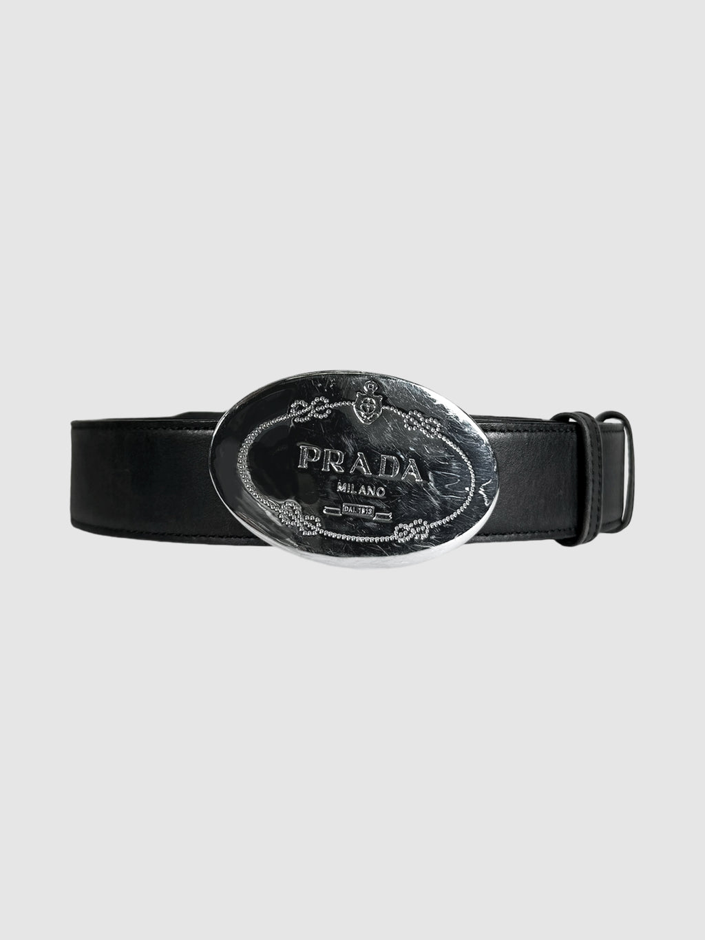 Leather Belt with Engraved Oval Plaque Buckle