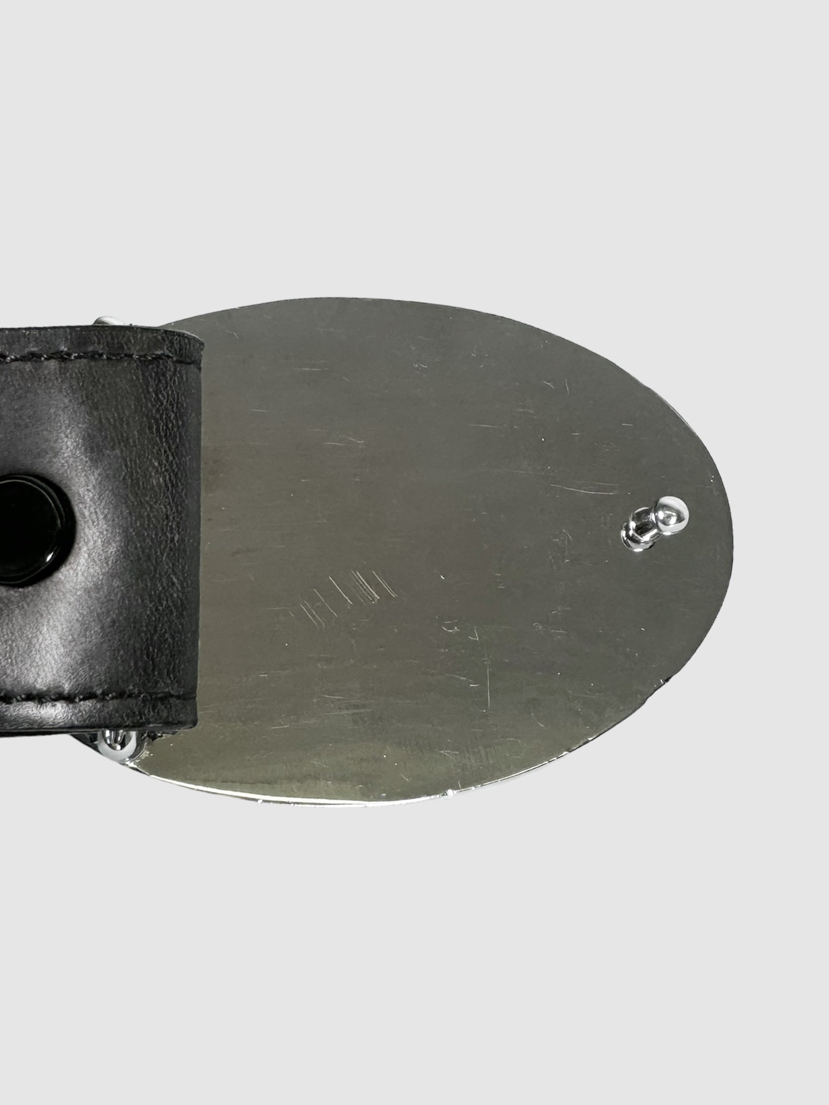 Leather Belt with Engraved Oval Plaque Buckle