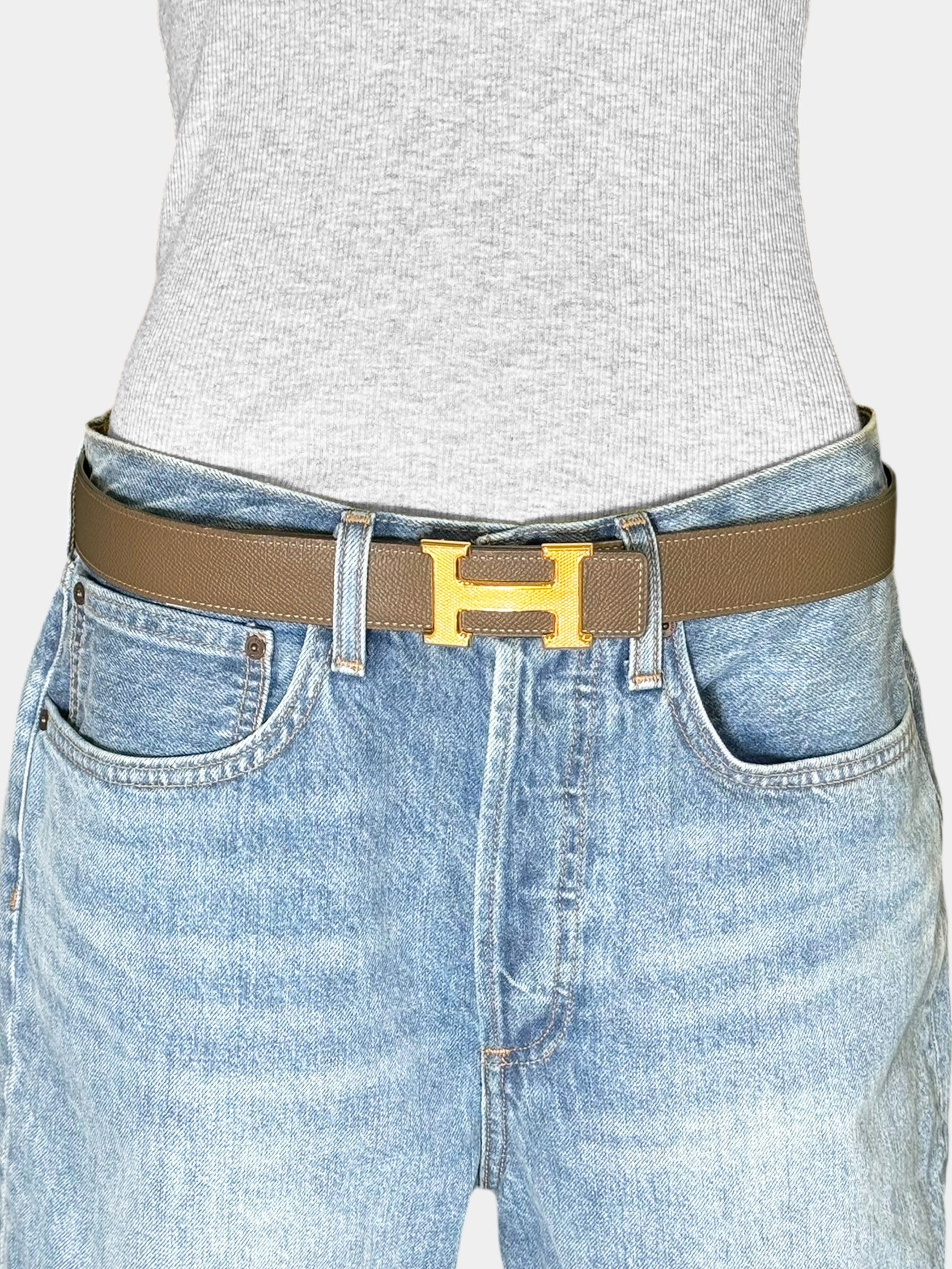 Hermès 2014 Black and Taupe Guillochee Reversible Leather Belt Luxury Designer Resale Consignment