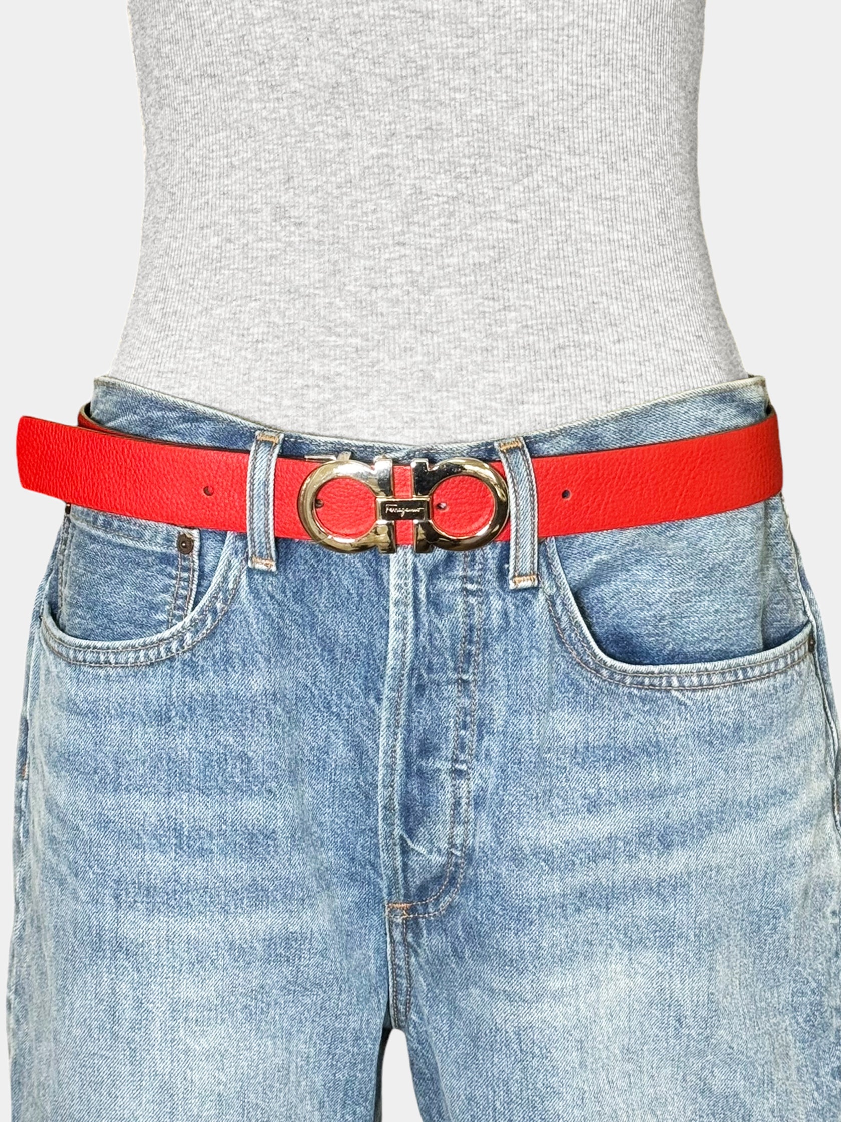 Salvatore Ferragamo Black and Red Gancini Reversible Leather Belt Luxury Designer Resale Consignment Toronto