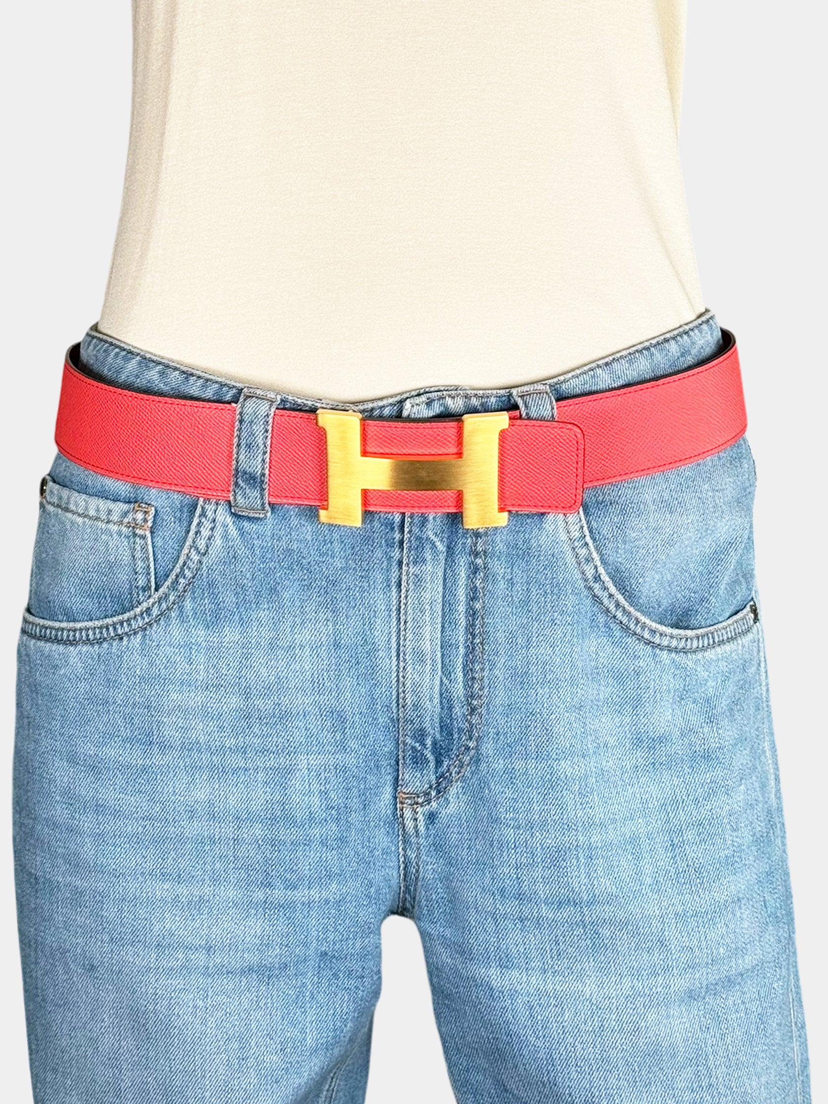 Hermès Red and Coral Reversible Epsom Leather H Buckle Belt Luxury Designer Consignment Resale